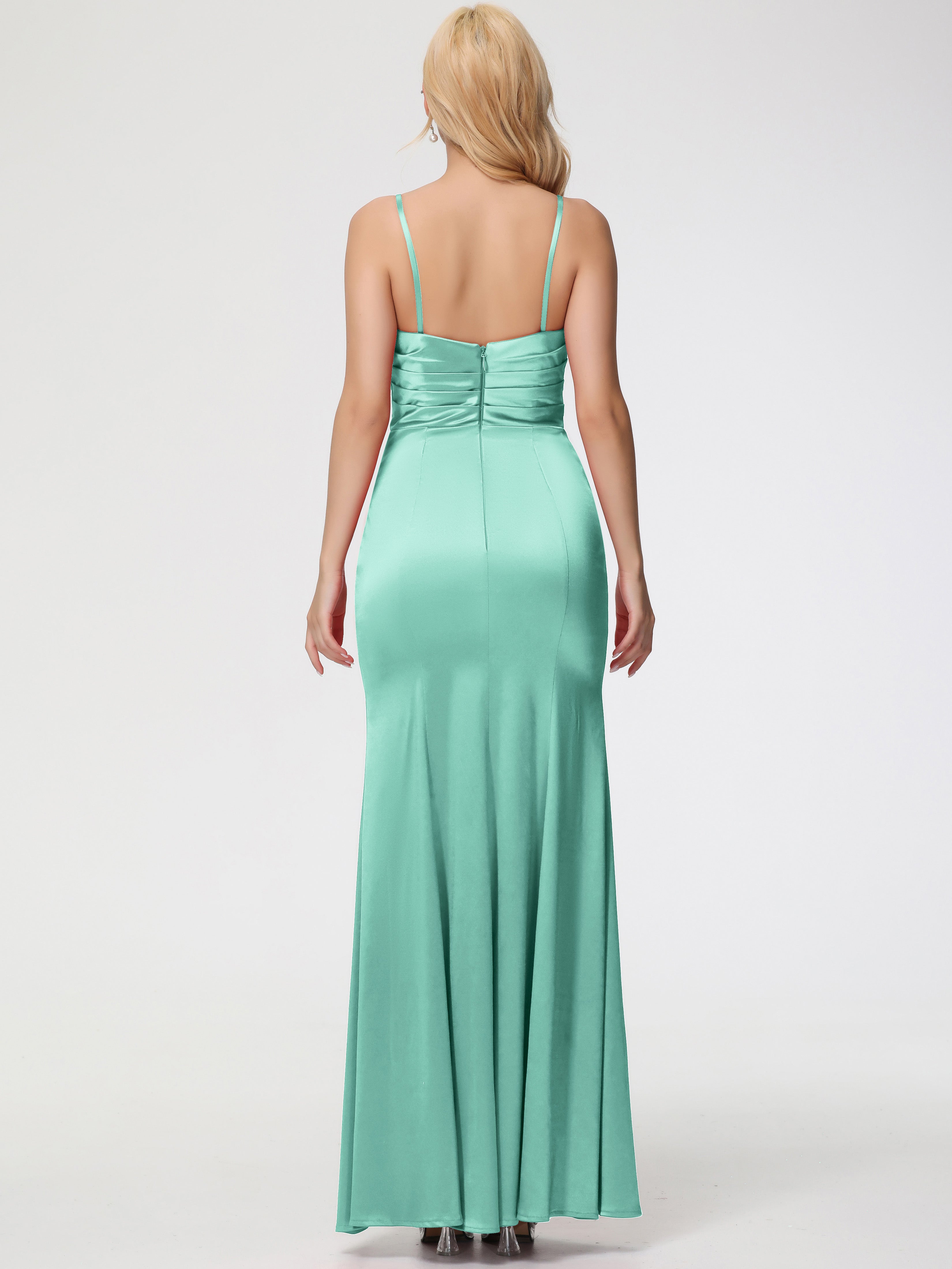 Robes De Demoiselle D'Honneur Vert Menthe Trapèze Col Coeur Fendue Longueur Ras Du Sol Satin Extensible Robe De Demoiselle D'Honneur Robe Plissé