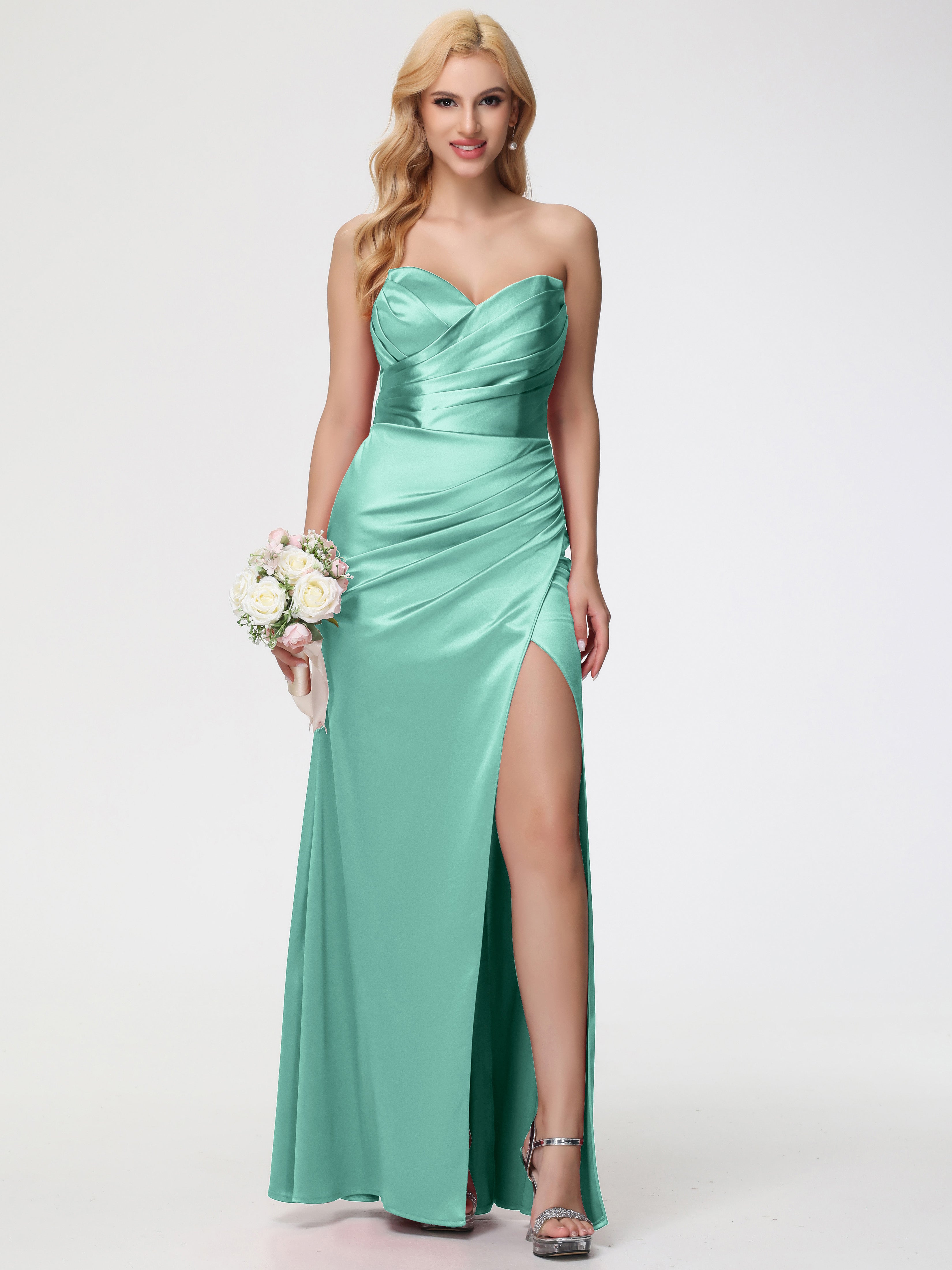 Robes De Demoiselle D'Honneur Vert Menthe Trapèze Col Coeur Fendue Longueur Ras Du Sol Satin Extensible Robe De Demoiselle D'Honneur Robe Plissé