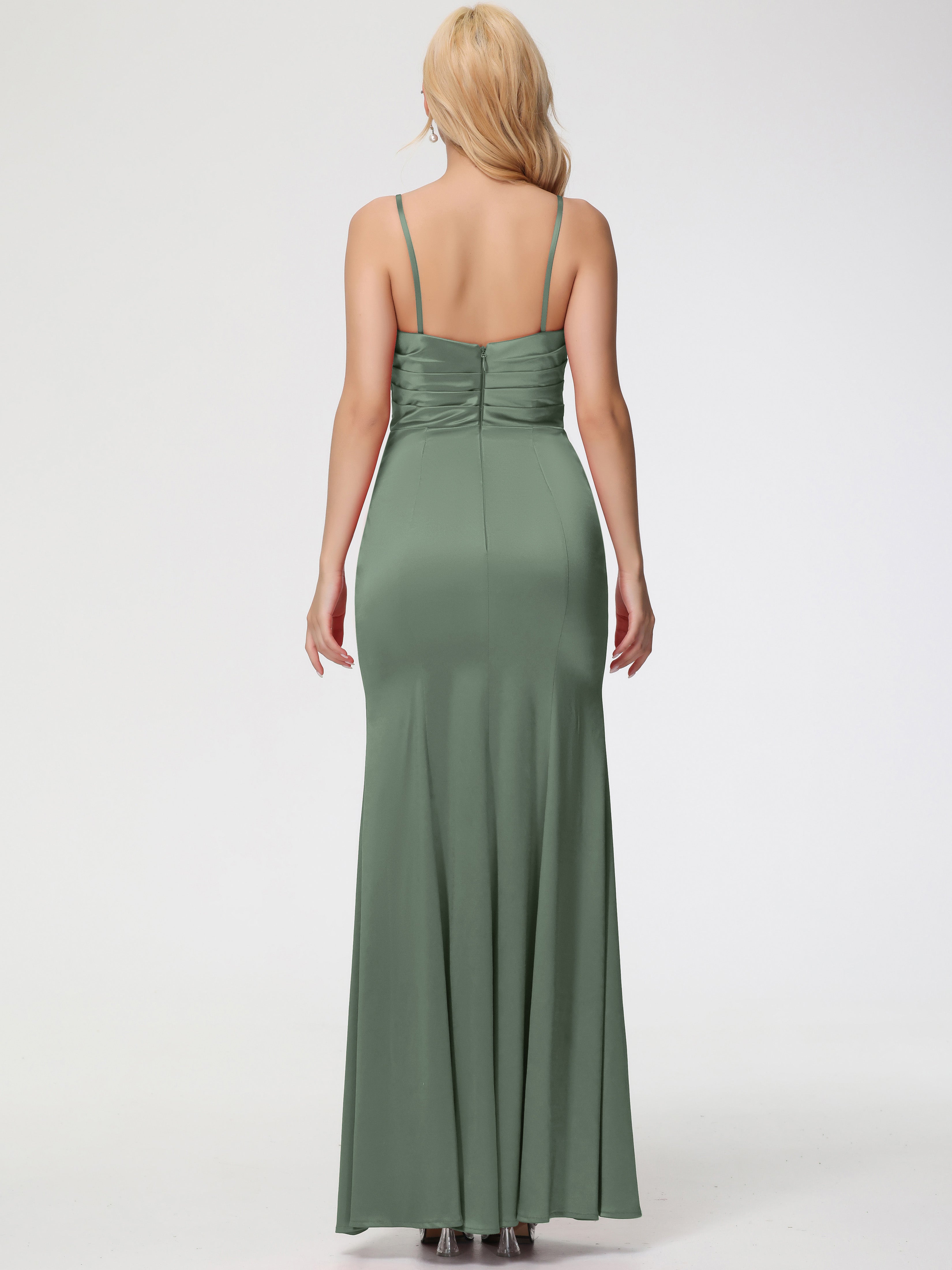 Robes De Demoiselle D'Honneur Vert Olive Trapèze Col Coeur Fendue Longueur Ras Du Sol Satin Extensible Robe De Demoiselle D'Honneur Robe Plissé