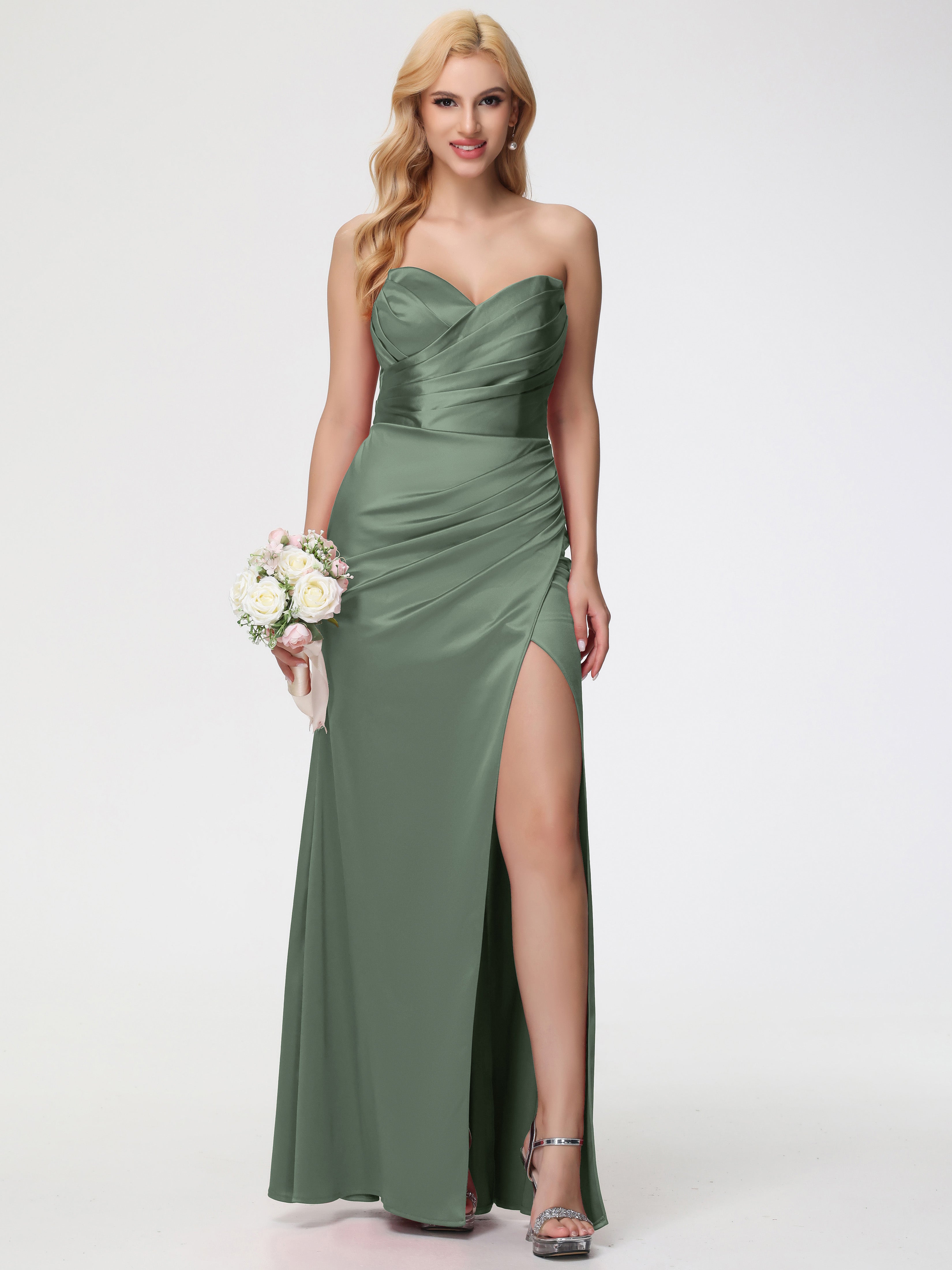 Robes De Demoiselle D'Honneur Vert Olive Trapèze Col Coeur Fendue Longueur Ras Du Sol Satin Extensible Robe De Demoiselle D'Honneur Robe Plissé