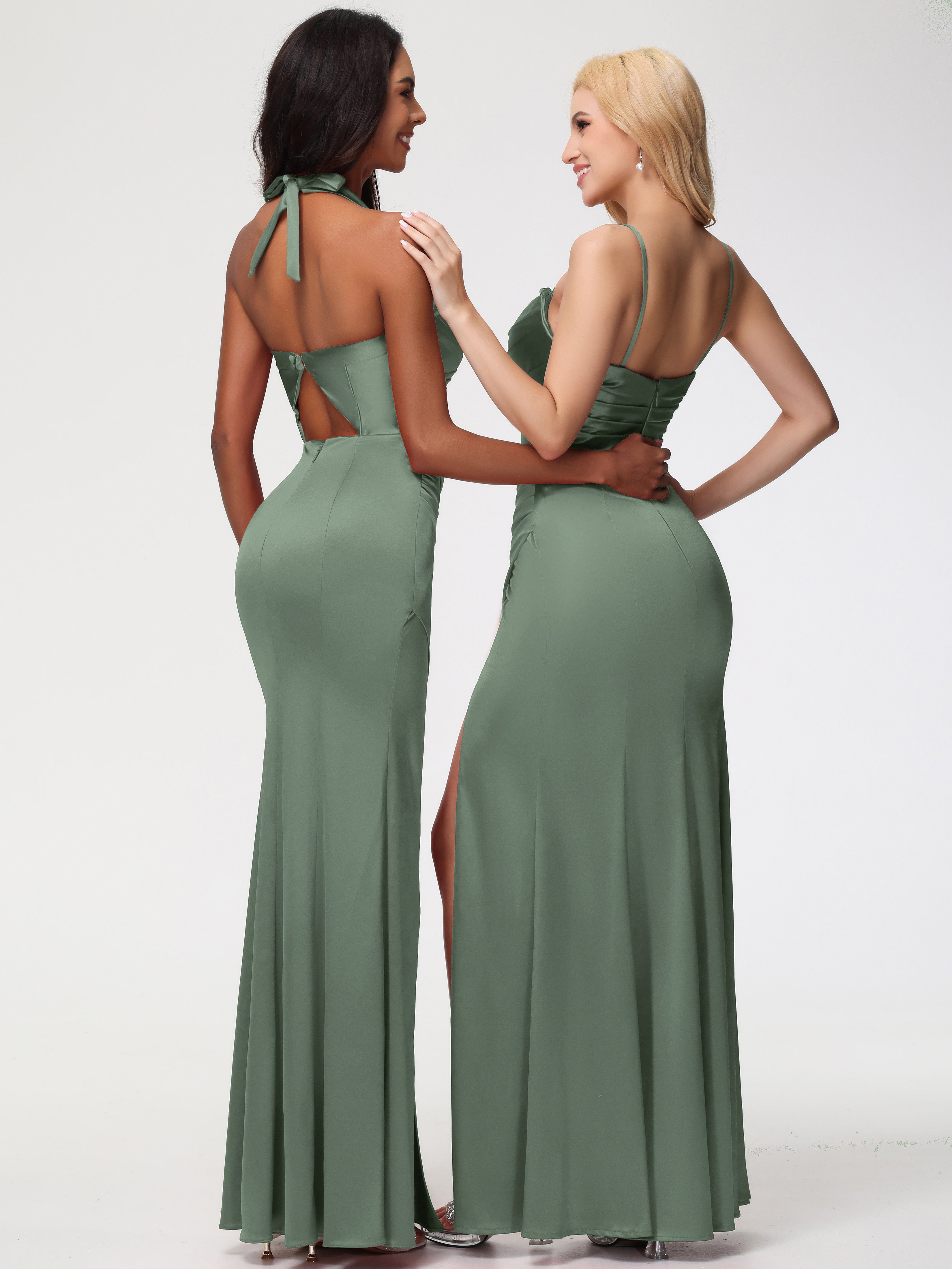 Robes De Demoiselle D'Honneur Vert Olive Trapèze Col Coeur Fendue Longueur Ras Du Sol Satin Extensible Robe De Demoiselle D'Honneur Robe Plissé