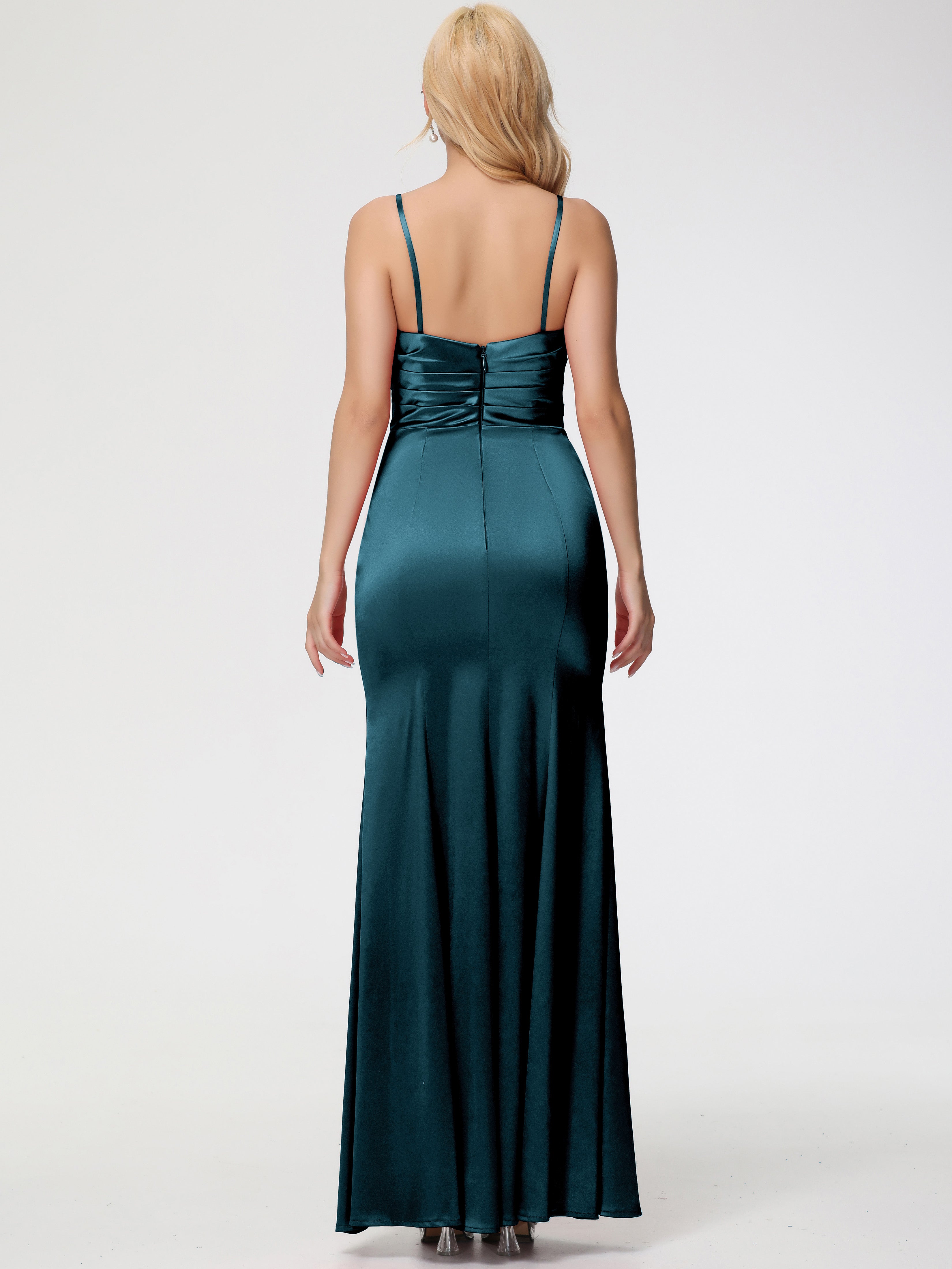 Robes De Demoiselle D'Honneur Paon Trapèze Col Coeur Fendue Longueur Ras Du Sol Satin Extensible Robe De Demoiselle D'Honneur Robe Plissé