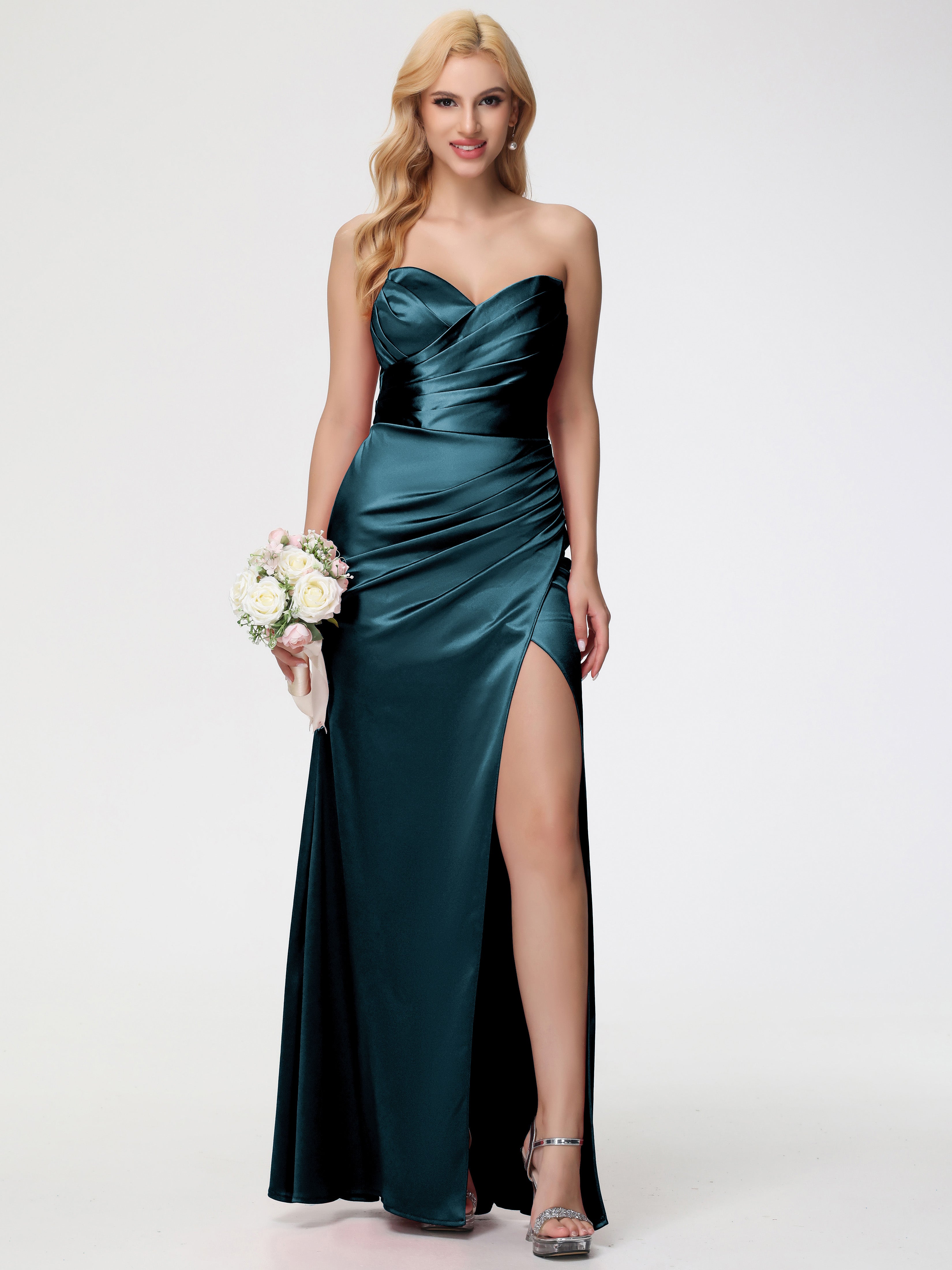 Robes De Demoiselle D'Honneur Paon Trapèze Col Coeur Fendue Longueur Ras Du Sol Satin Extensible Robe De Demoiselle D'Honneur Robe Plissé