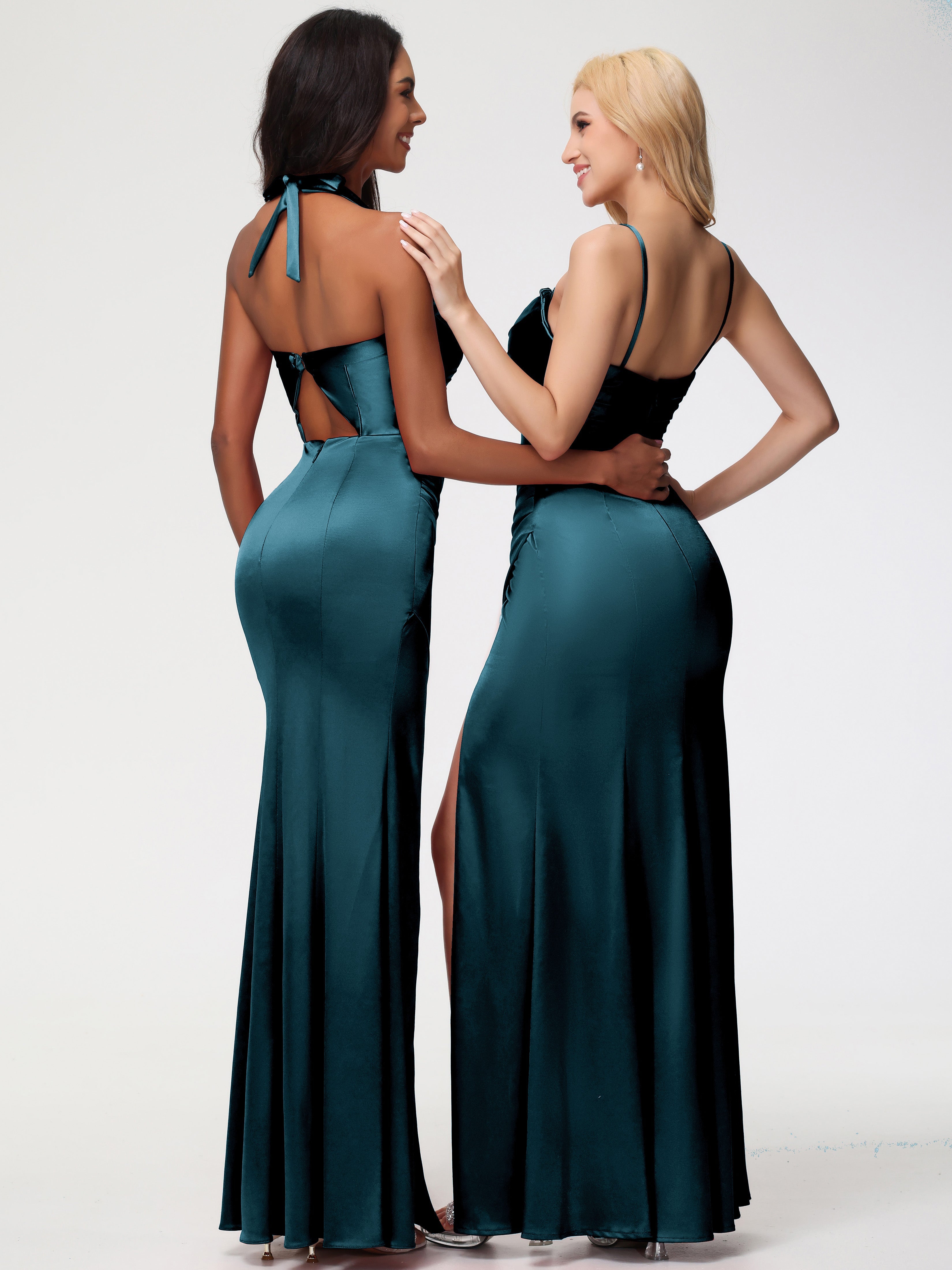 Robes De Demoiselle D'Honneur Paon Trapèze Col Coeur Fendue Longueur Ras Du Sol Satin Extensible Robe De Demoiselle D'Honneur Robe Plissé
