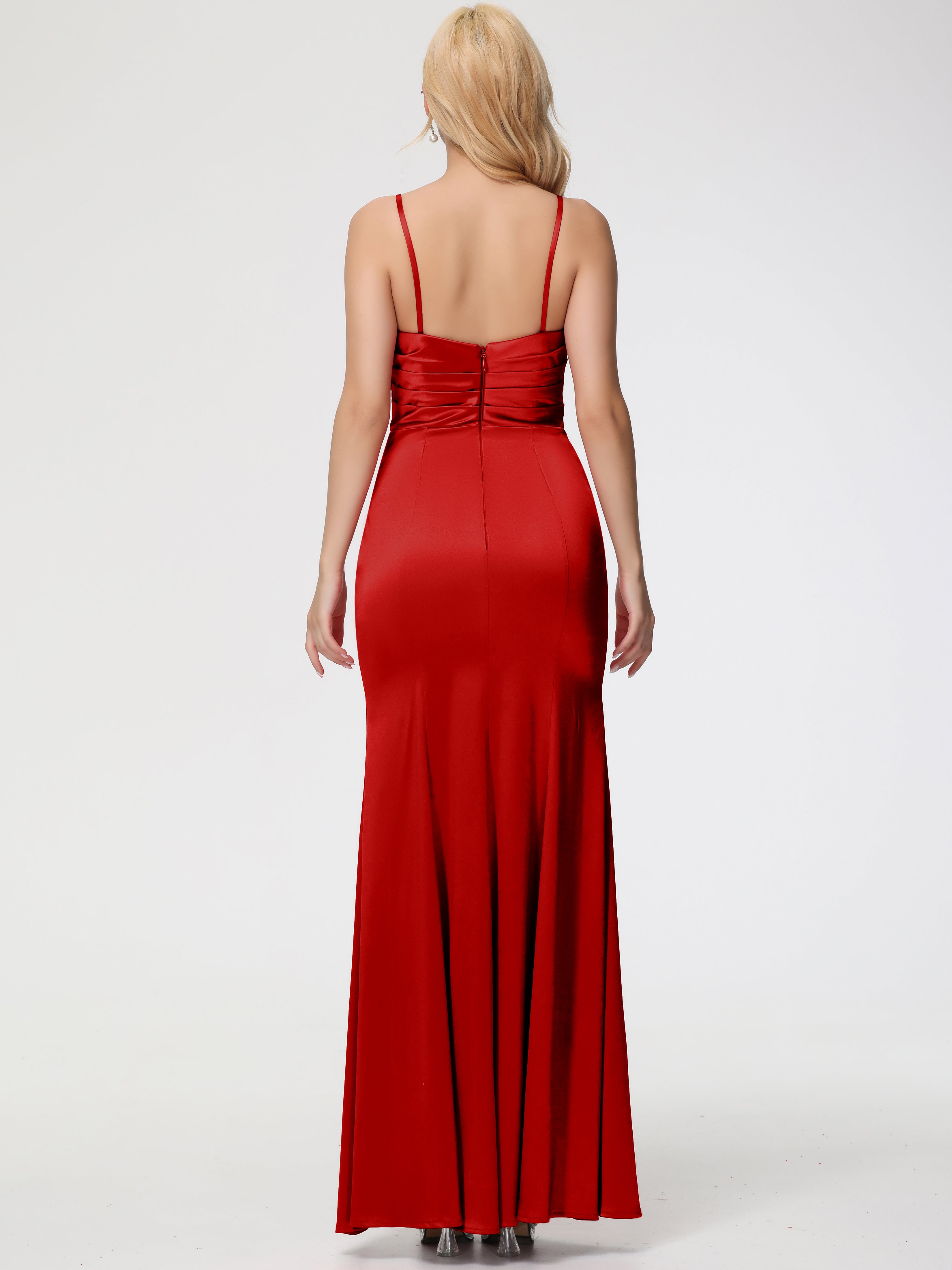 Robe De Demoiselle D'Honneur Rouge Trapèze Col Coeur Fendue Longueur Ras Du Sol Satin Extensible Robe De Demoiselle D'Honneur Robe Plissé