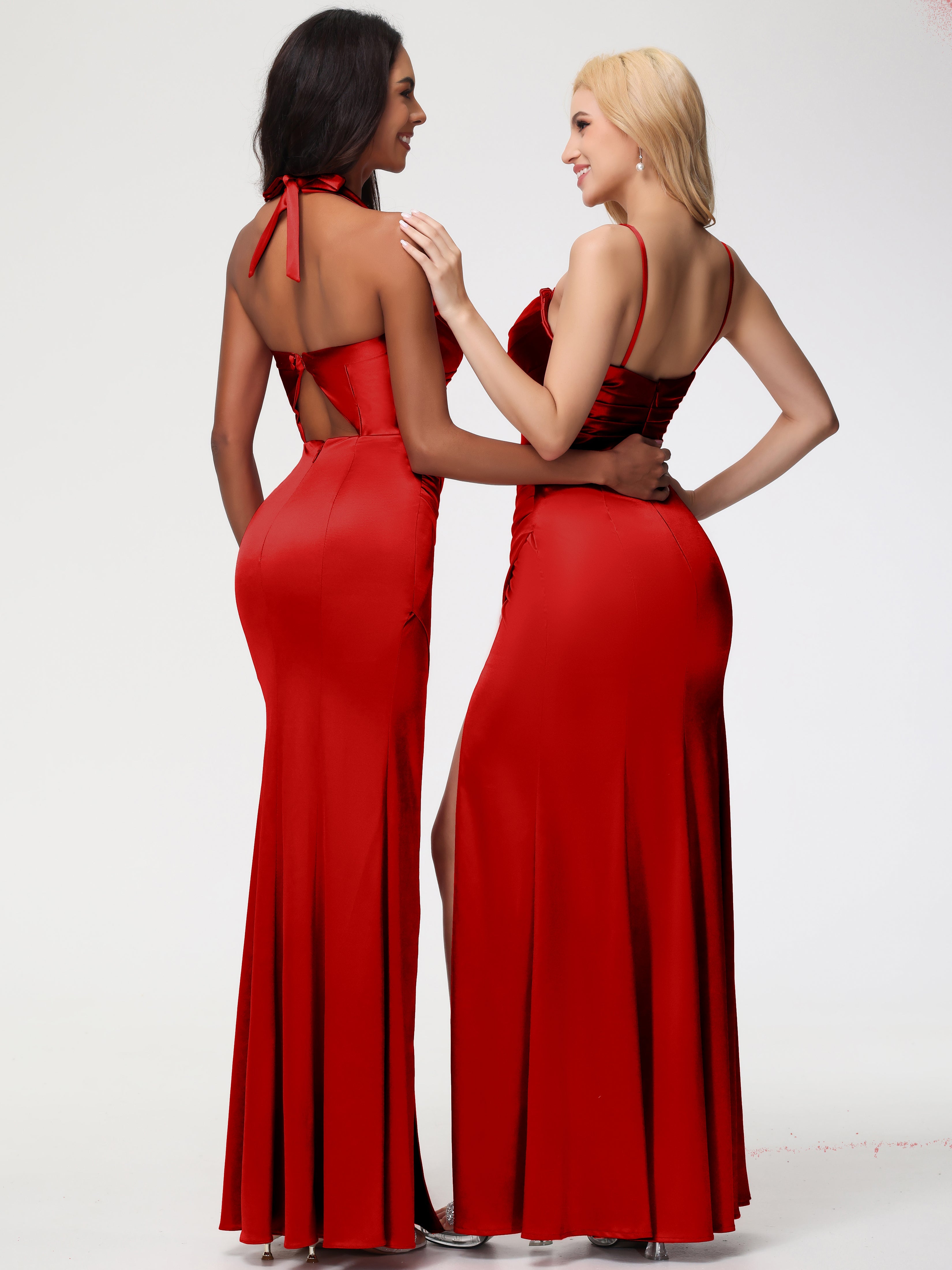 Robe De Demoiselle D'Honneur Rouge Trapèze Col Coeur Fendue Longueur Ras Du Sol Satin Extensible Robe De Demoiselle D'Honneur Robe Plissé