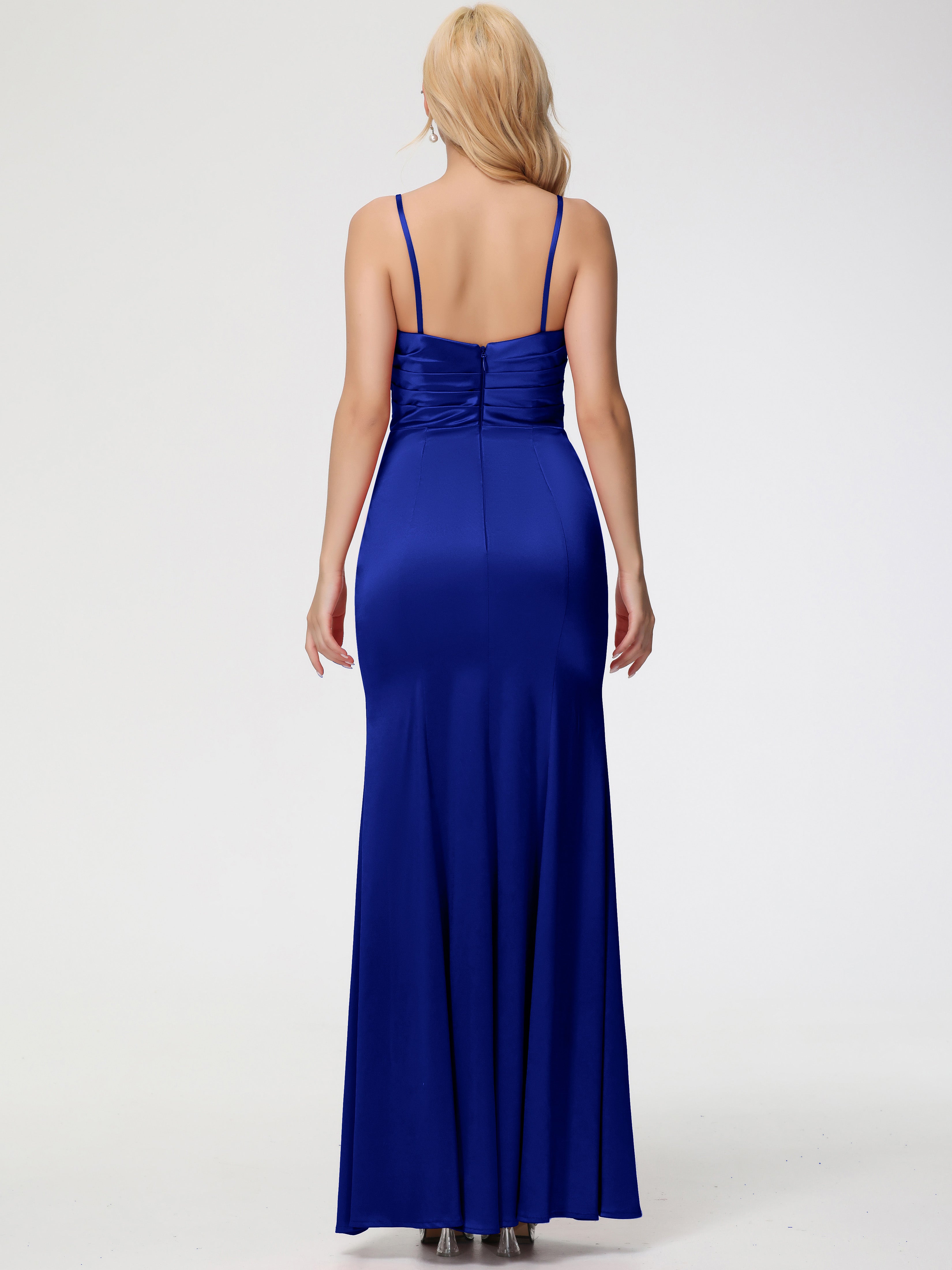 Demoiselle D'Honneur Bleu Royal Trapèze Col Coeur Fendue Longueur Ras Du Sol Satin Extensible Robe De Demoiselle D'Honneur Robe Plissé