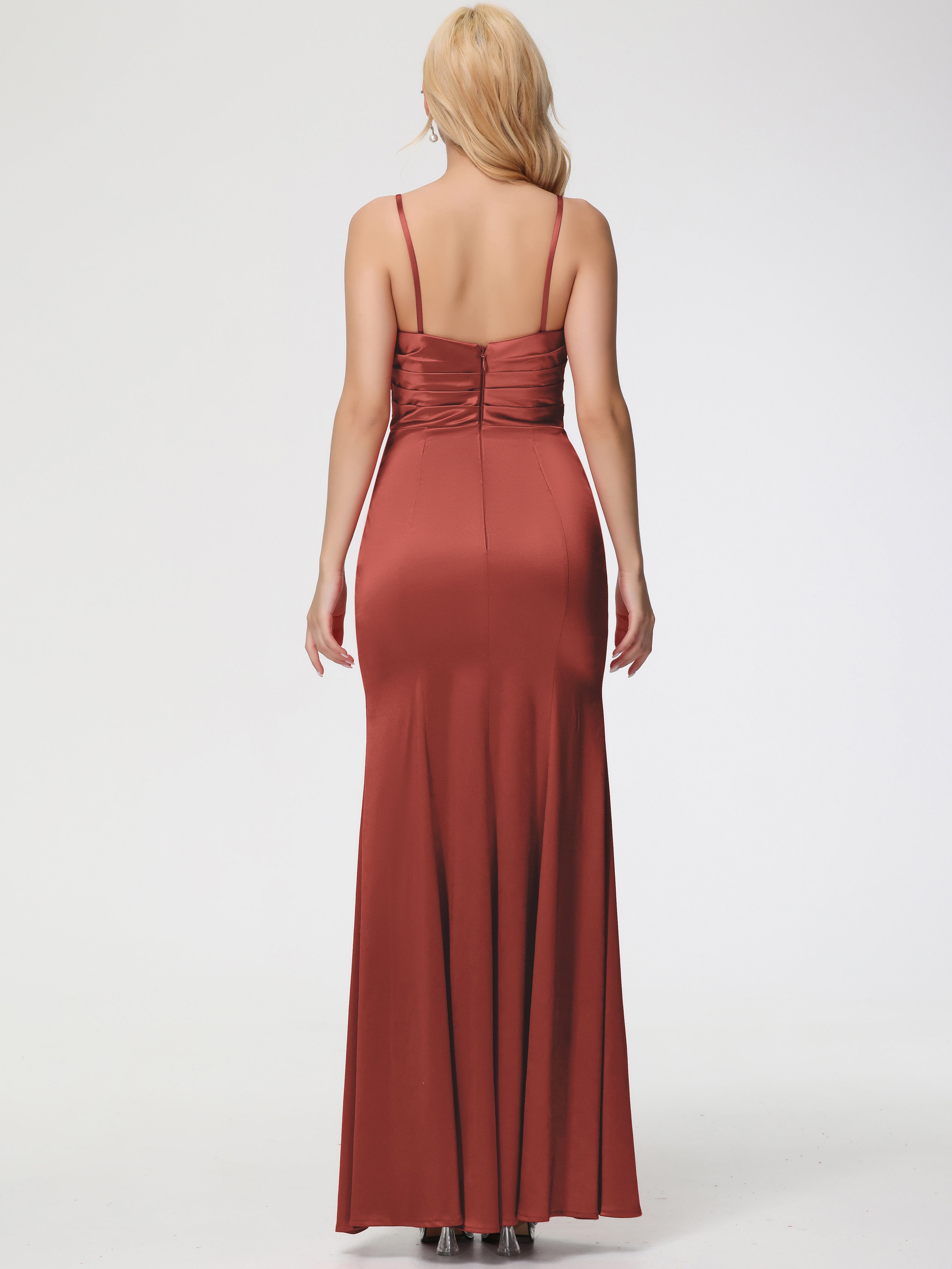 Demoiselle D'Honneur De Rouille Trapèze Col Coeur Fendue Longueur Ras Du Sol Satin Extensible Robe De Demoiselle D'Honneur Robe Plissé