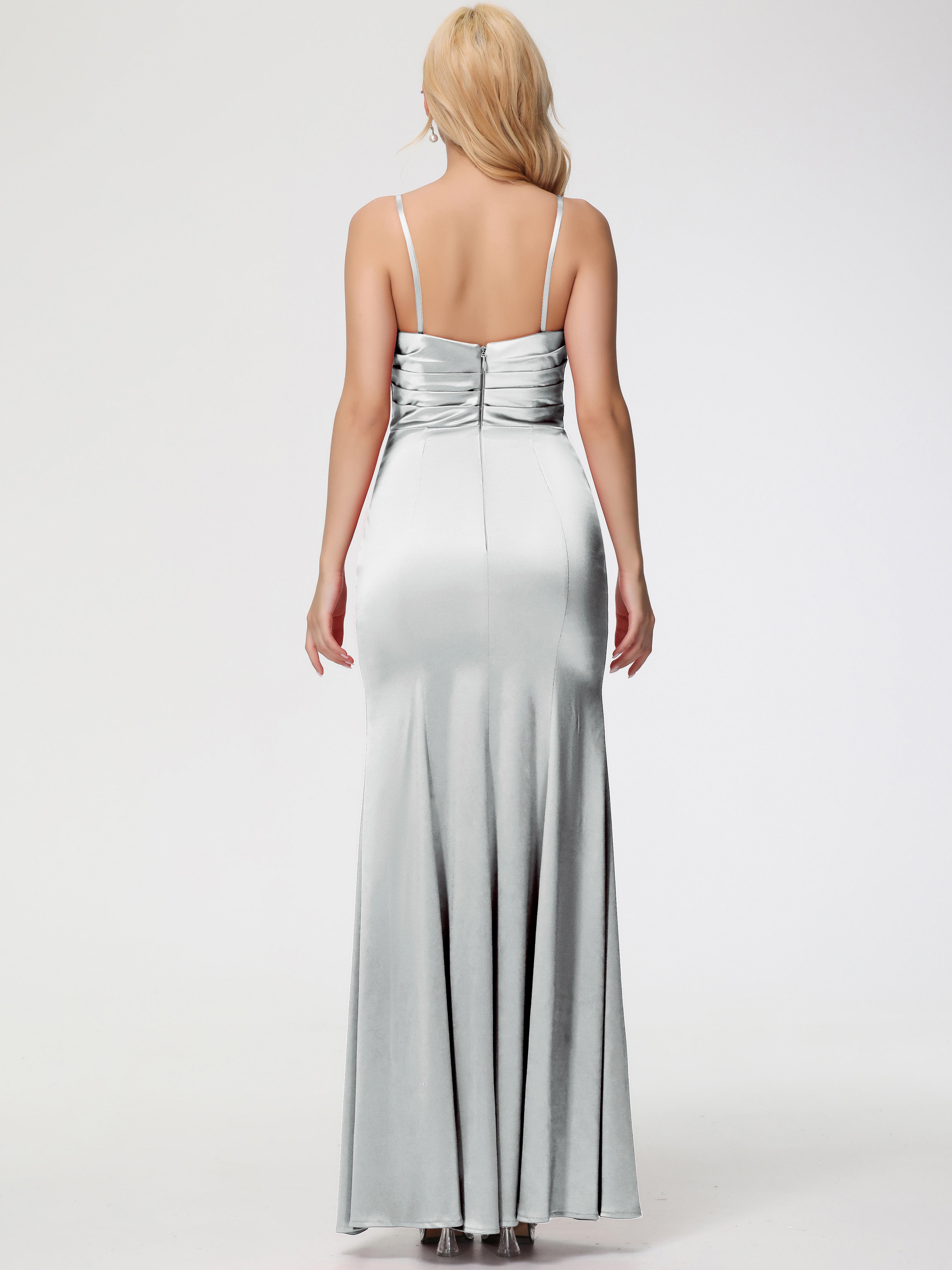 Robes De Demoiselle D'Honneur En Argent Trapèze Col Coeur Fendue Longueur Ras Du Sol Satin Extensible Robe De Demoiselle D'Honneur Robe Plissé