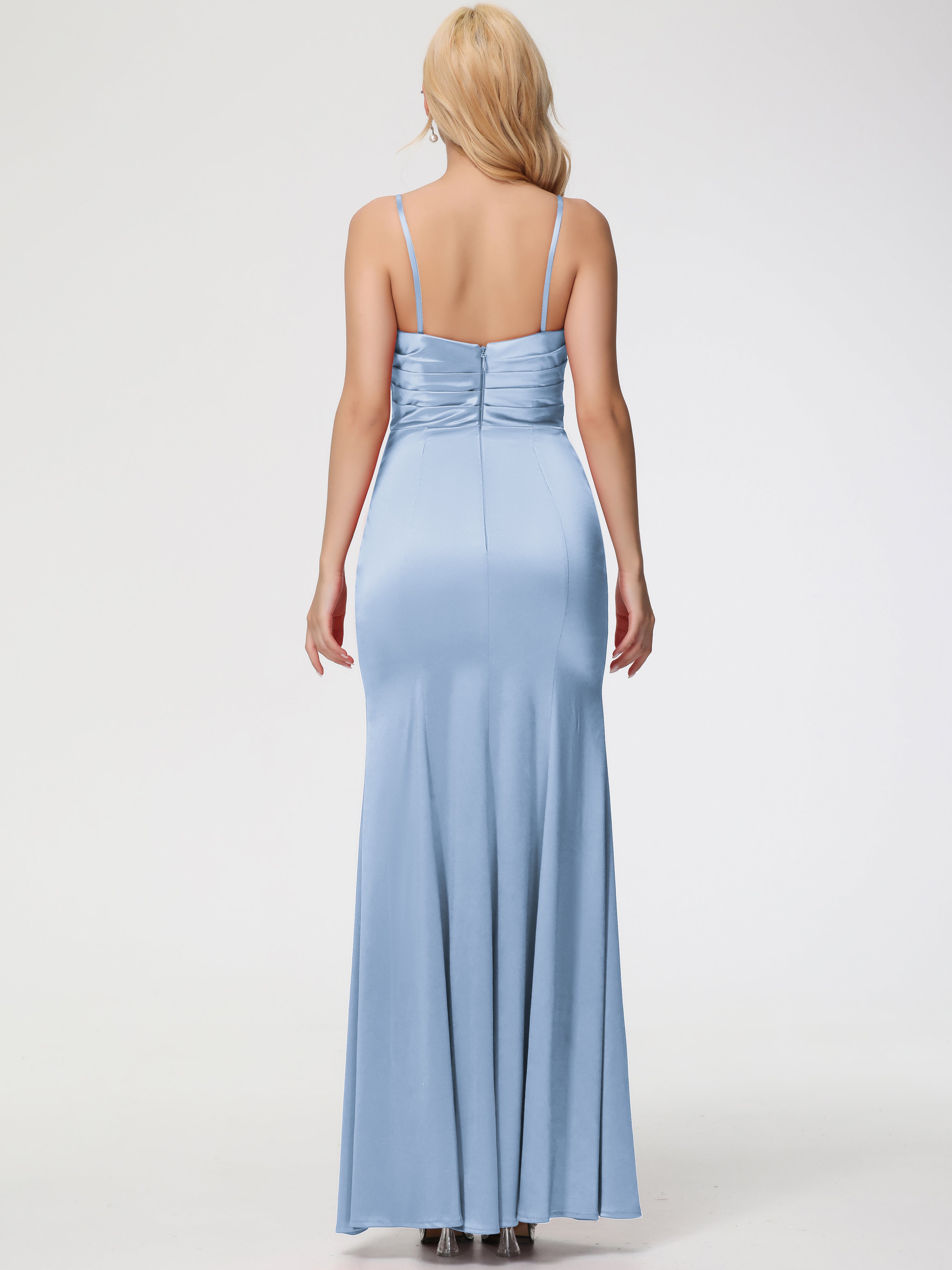 Robes De Demoiselle D'Honneur Bleu Ciel Trapèze Col Coeur Fendue Longueur Ras Du Sol Satin Extensible Robe De Demoiselle D'Honneur Robe Plissé