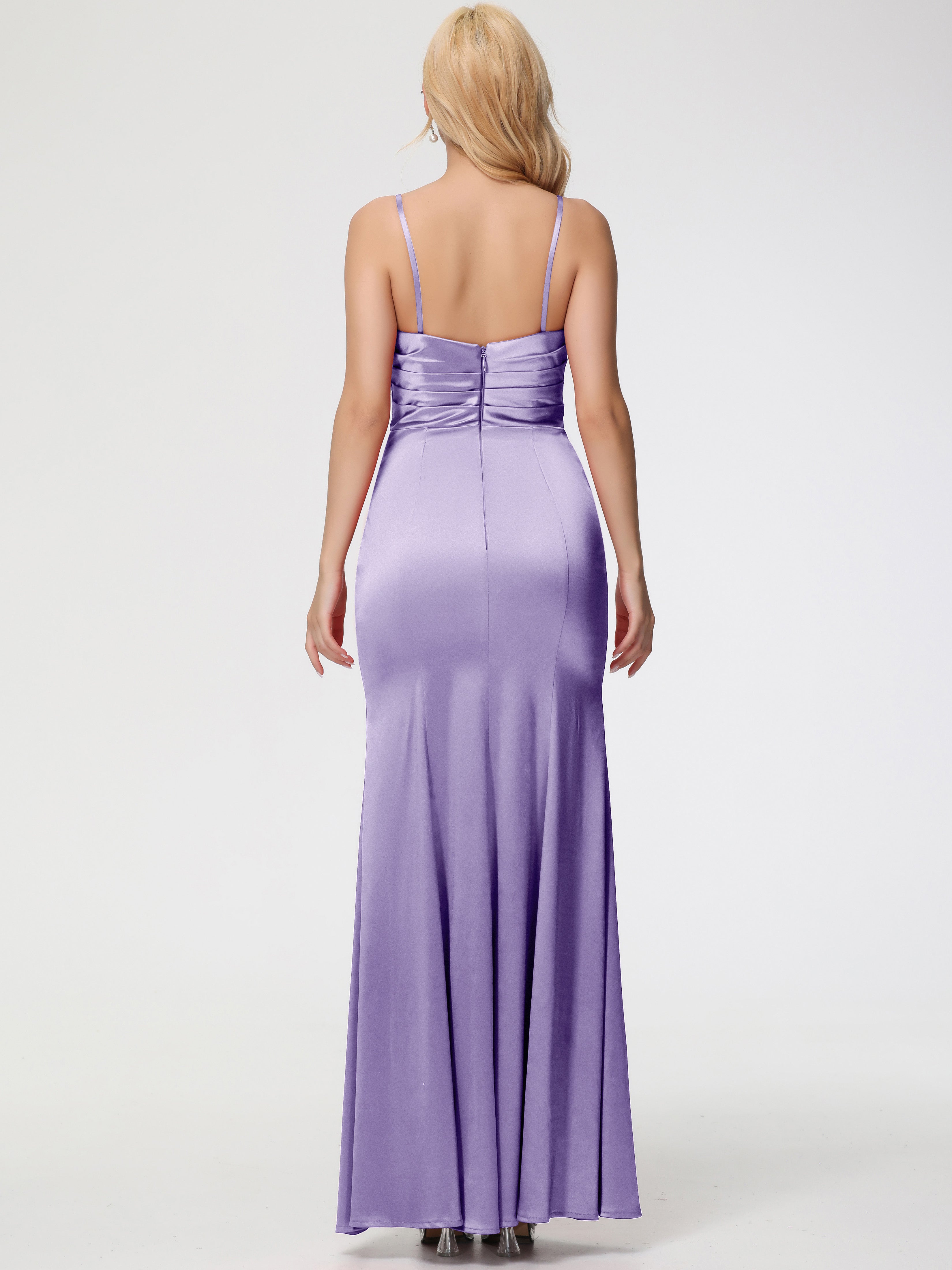 Robes De Demoiselle D'Honneur Tahiti Trapèze Col Coeur Fendue Longueur Ras Du Sol Satin Extensible Robe De Demoiselle D'Honneur Robe Plissé