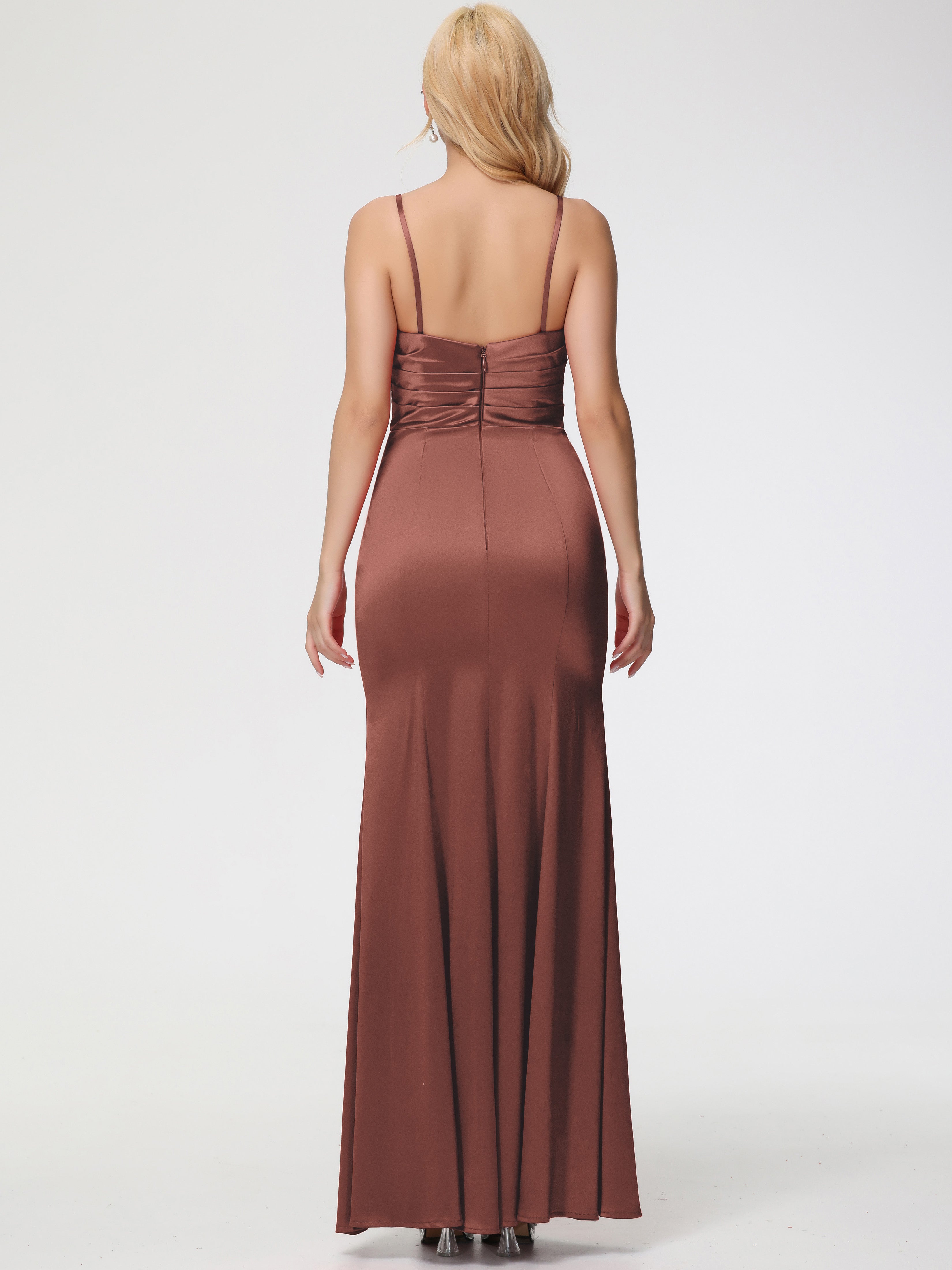 Robes De Demoiselle D'Honneur En Terre Cuite Trapèze Col Coeur Fendue Longueur Ras Du Sol Satin Extensible Robe De Demoiselle D'Honneur Robe Plissé
