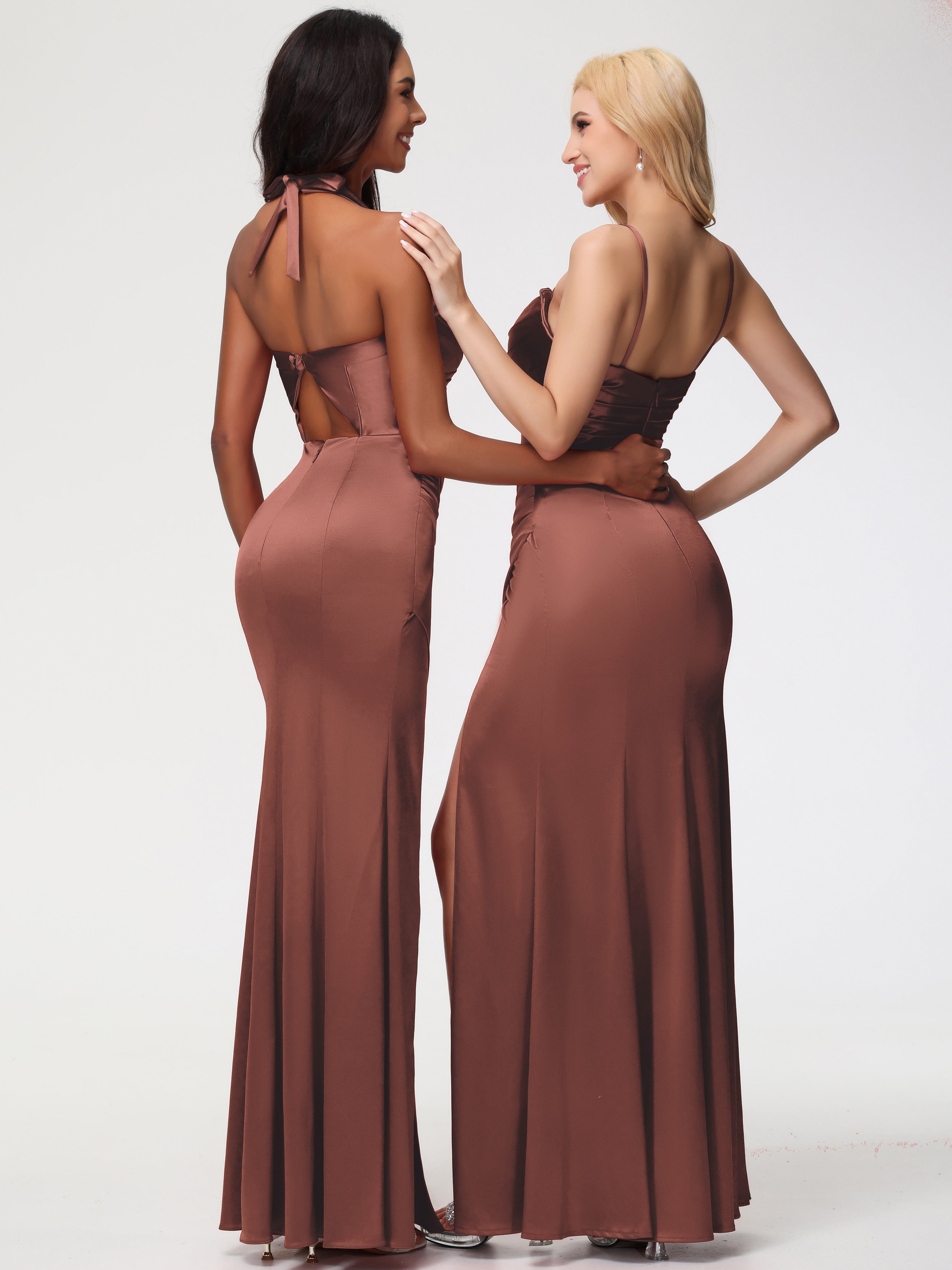 Robes De Demoiselle D'Honneur En Terre Cuite Trapèze Col Coeur Fendue Longueur Ras Du Sol Satin Extensible Robe De Demoiselle D'Honneur Robe Plissé