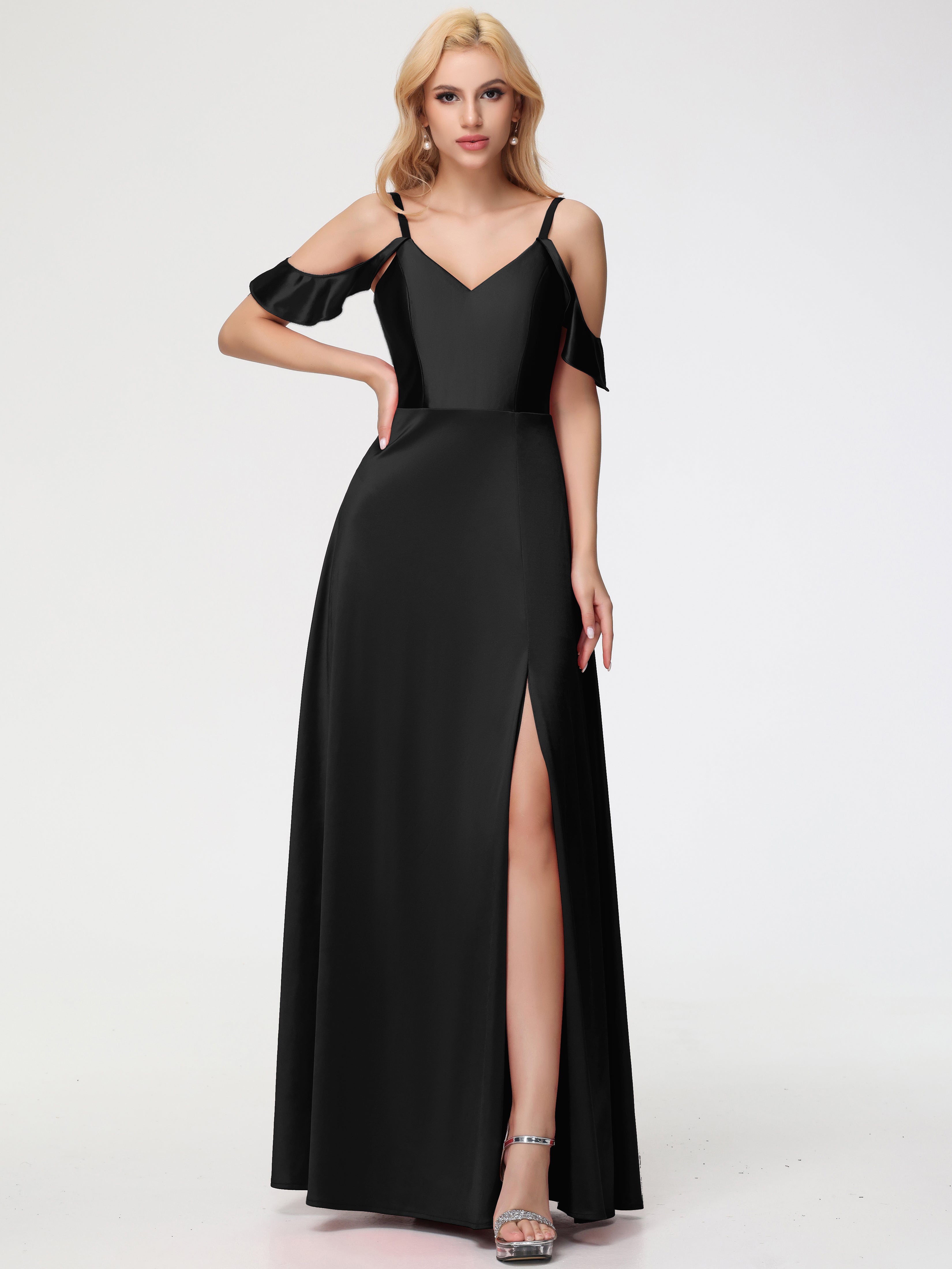 Longues Robes De Demoiselle D'Honneur Noires épaule Dénudée à Volants Satin Extensible Robe De Demoiselle D'Honneur