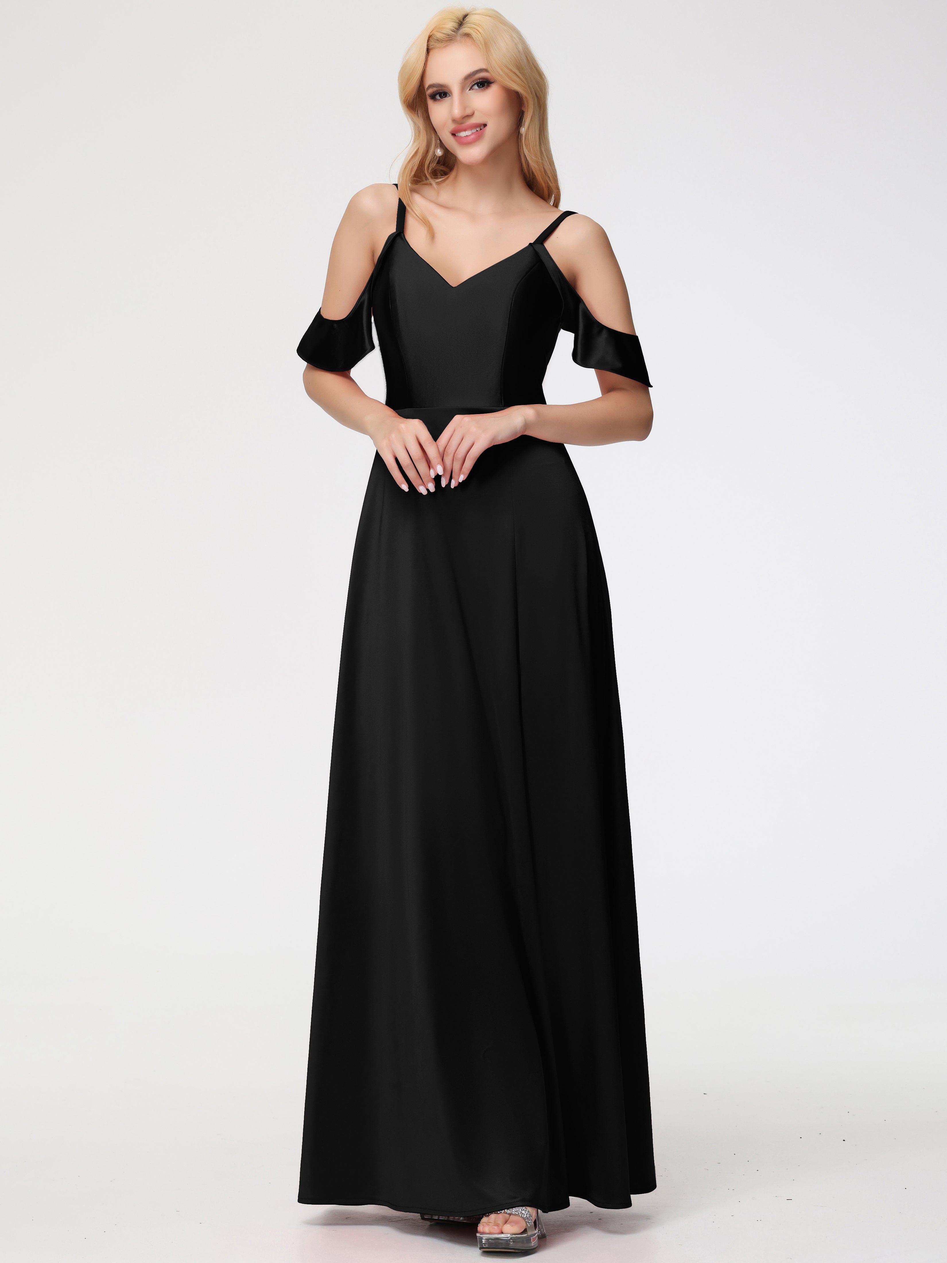 Longues Robes De Demoiselle D'Honneur Noires épaule Dénudée à Volants Satin Extensible Robe De Demoiselle D'Honneur