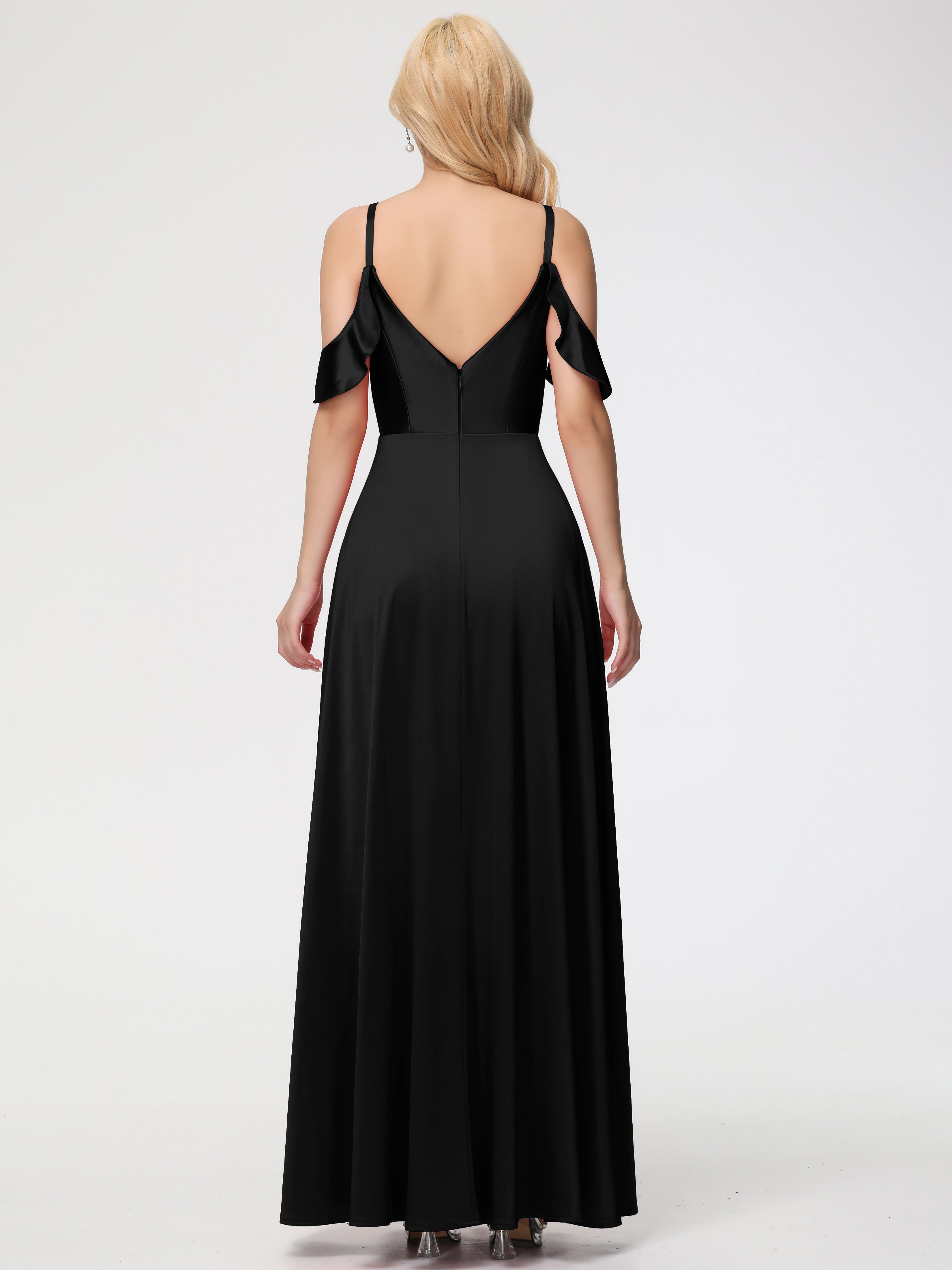 Longues Robes De Demoiselle D'Honneur Noires épaule Dénudée à Volants Satin Extensible Robe De Demoiselle D'Honneur