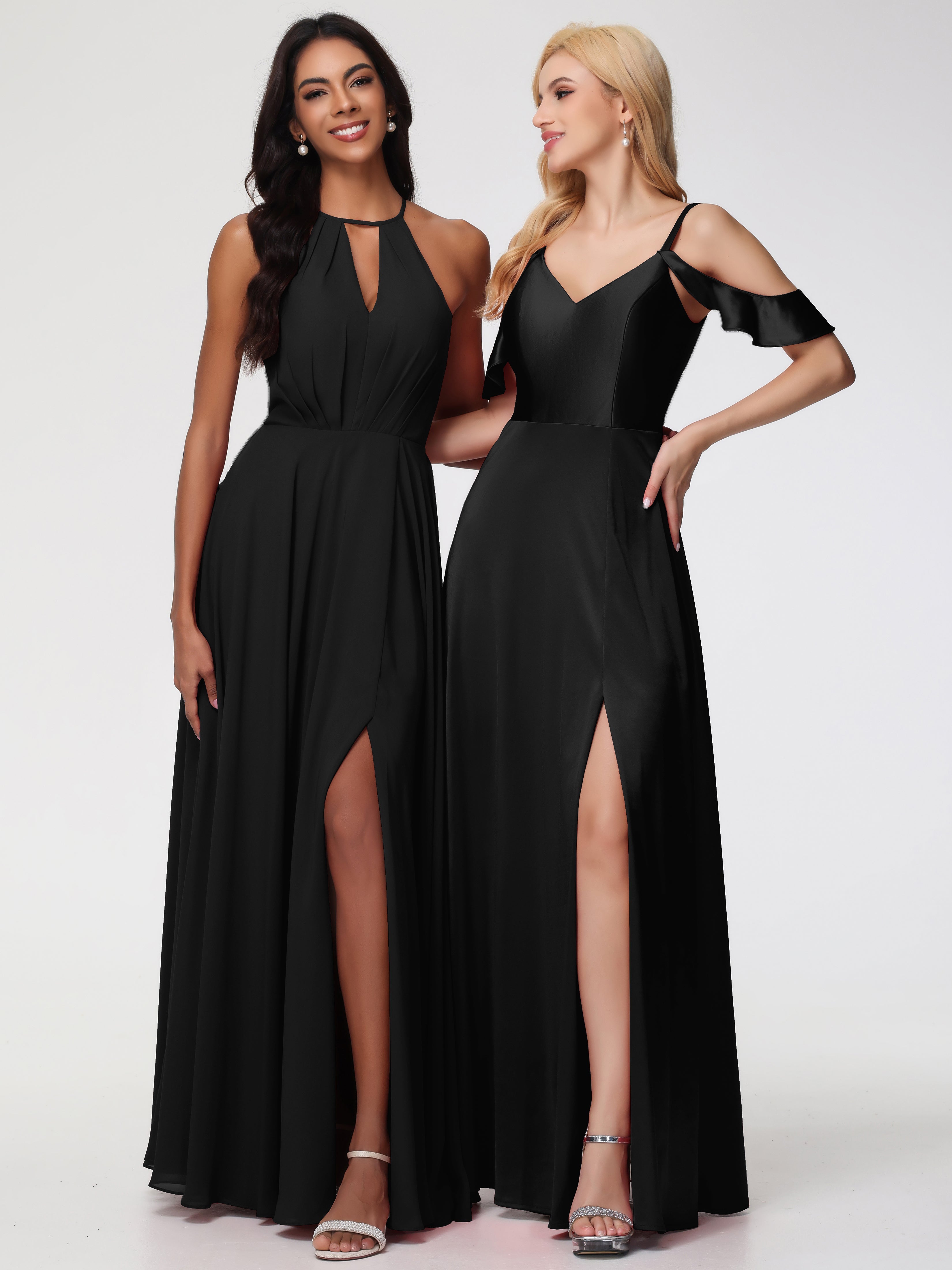 Longues Robes De Demoiselle D'Honneur Noires épaule Dénudée à Volants Satin Extensible Robe De Demoiselle D'Honneur