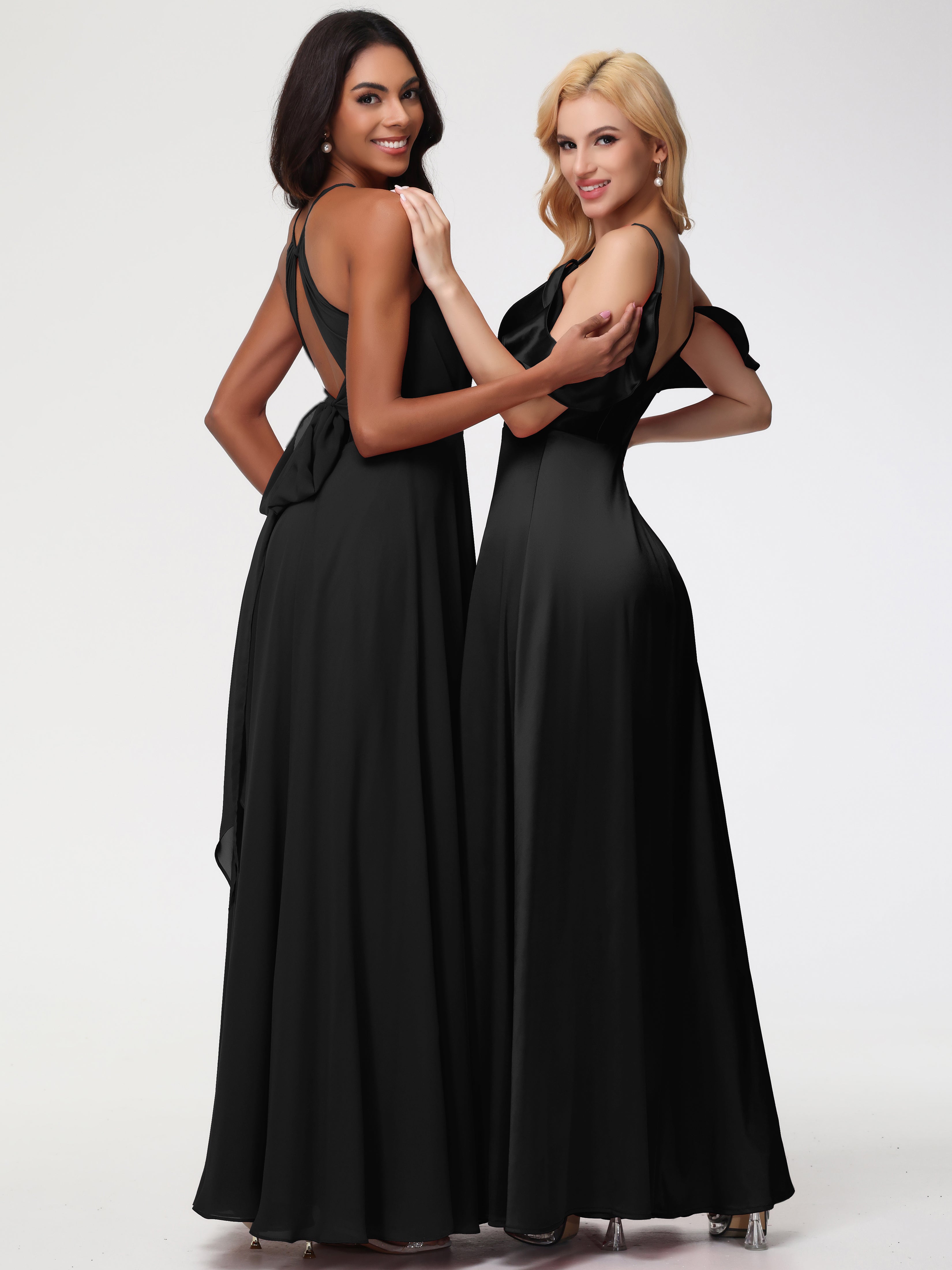 Longues Robes De Demoiselle D'Honneur Noires épaule Dénudée à Volants Satin Extensible Robe De Demoiselle D'Honneur