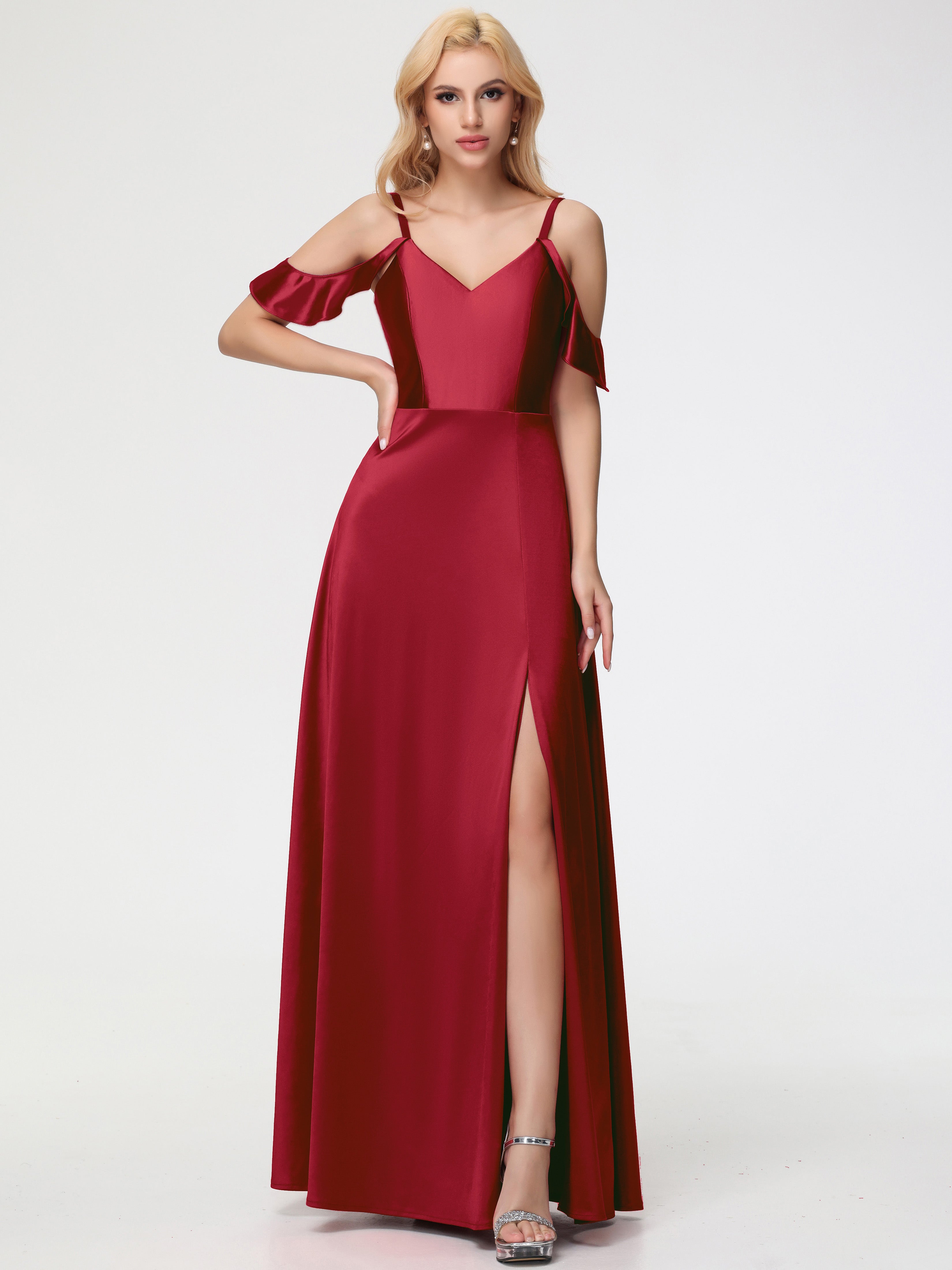 Modestes Robes De Demoiselle D'Honneur Bordeaux épaule Dénudée à Volants Satin Extensible Robe De Demoiselle D'Honneur