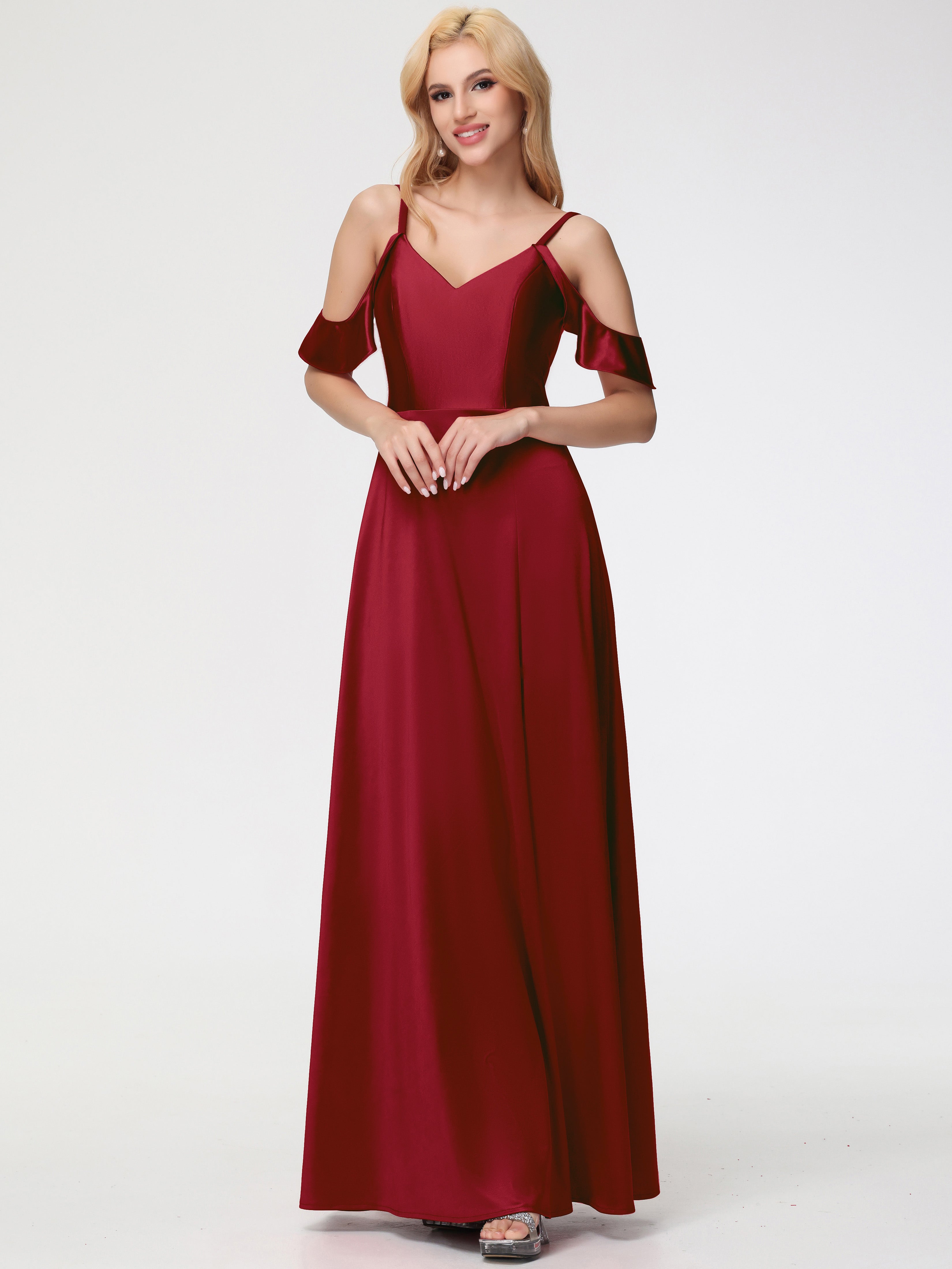 Modestes Robes De Demoiselle D'Honneur Bordeaux épaule Dénudée à Volants Satin Extensible Robe De Demoiselle D'Honneur