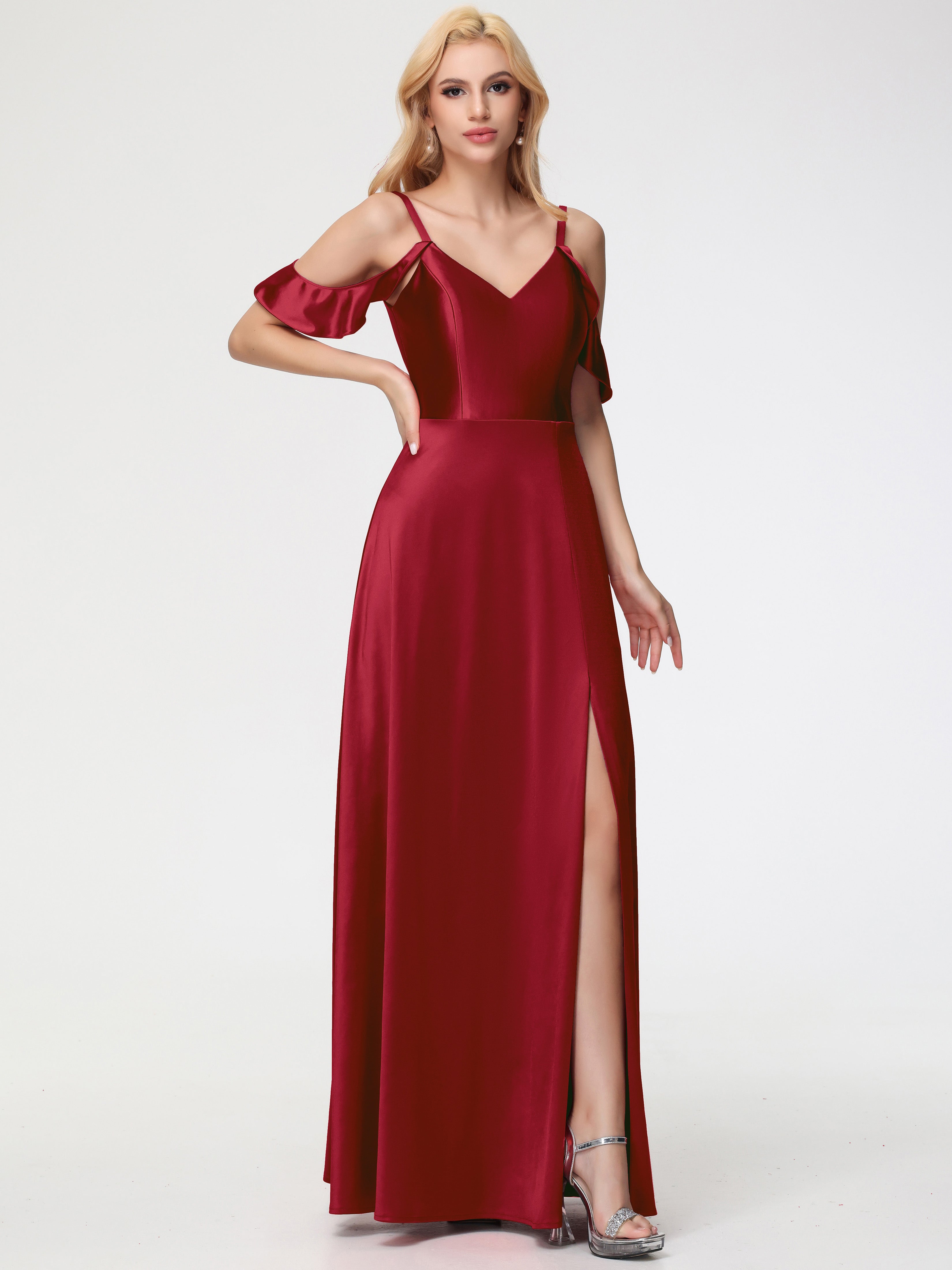Modestes Robes De Demoiselle D'Honneur Bordeaux épaule Dénudée à Volants Satin Extensible Robe De Demoiselle D'Honneur