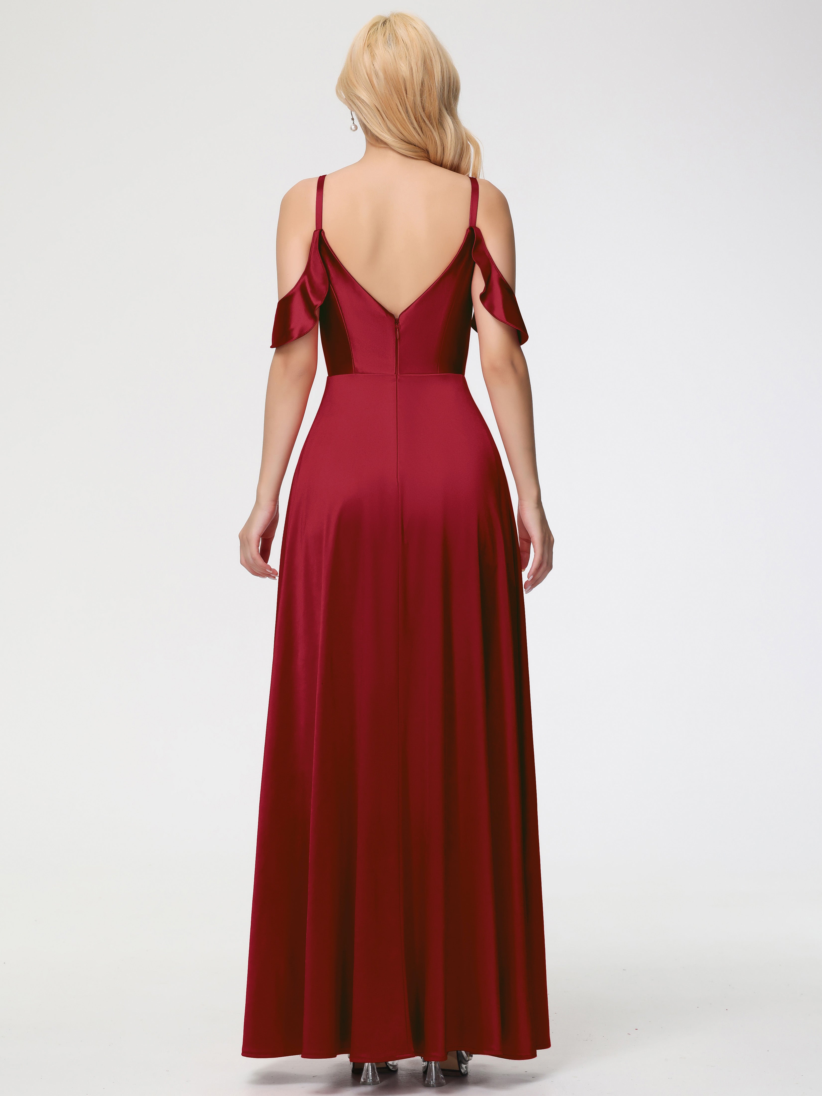 Modestes Robes De Demoiselle D'Honneur Bordeaux épaule Dénudée à Volants Satin Extensible Robe De Demoiselle D'Honneur