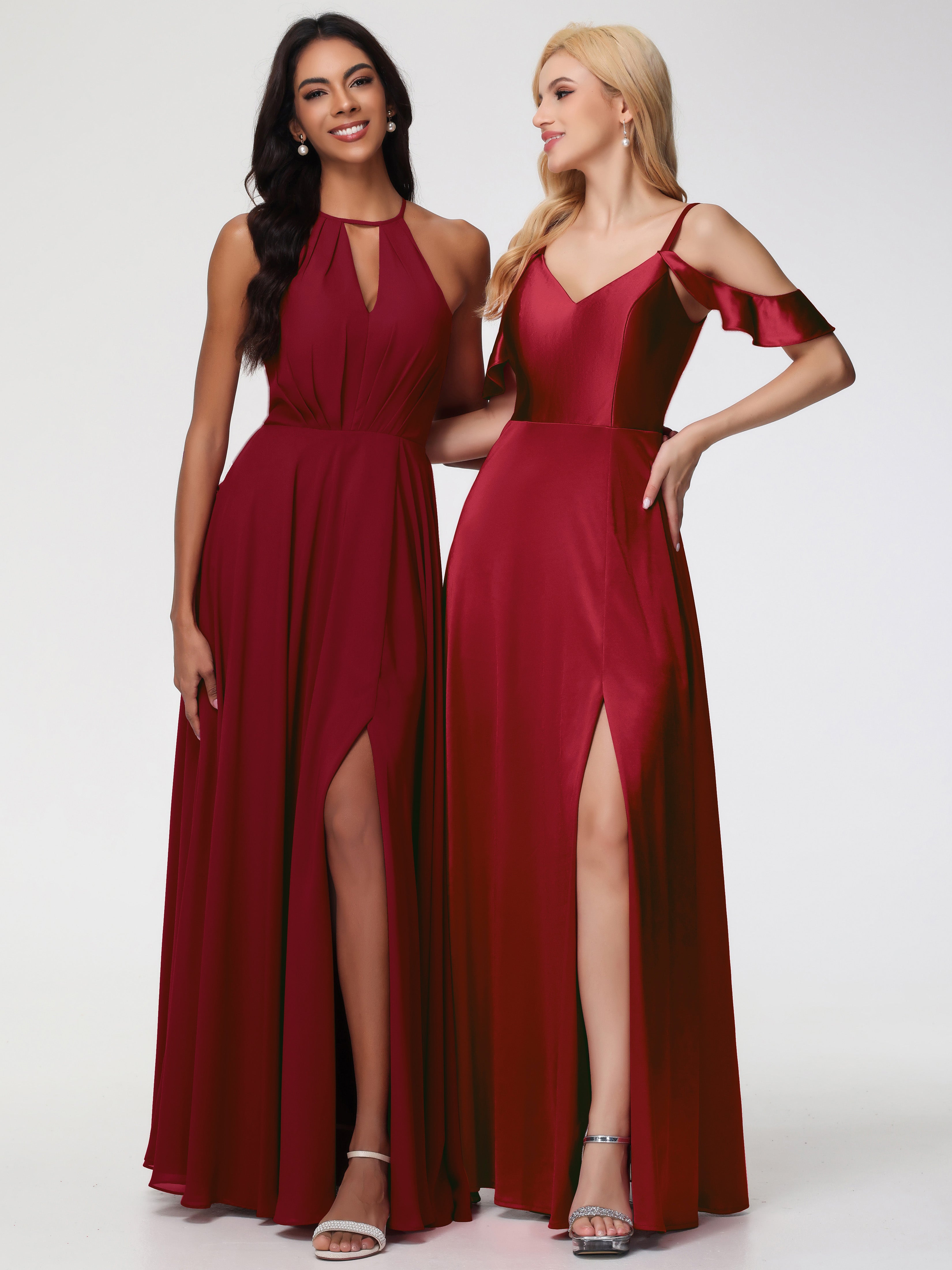 Modestes Robes De Demoiselle D'Honneur Bordeaux épaule Dénudée à Volants Satin Extensible Robe De Demoiselle D'Honneur