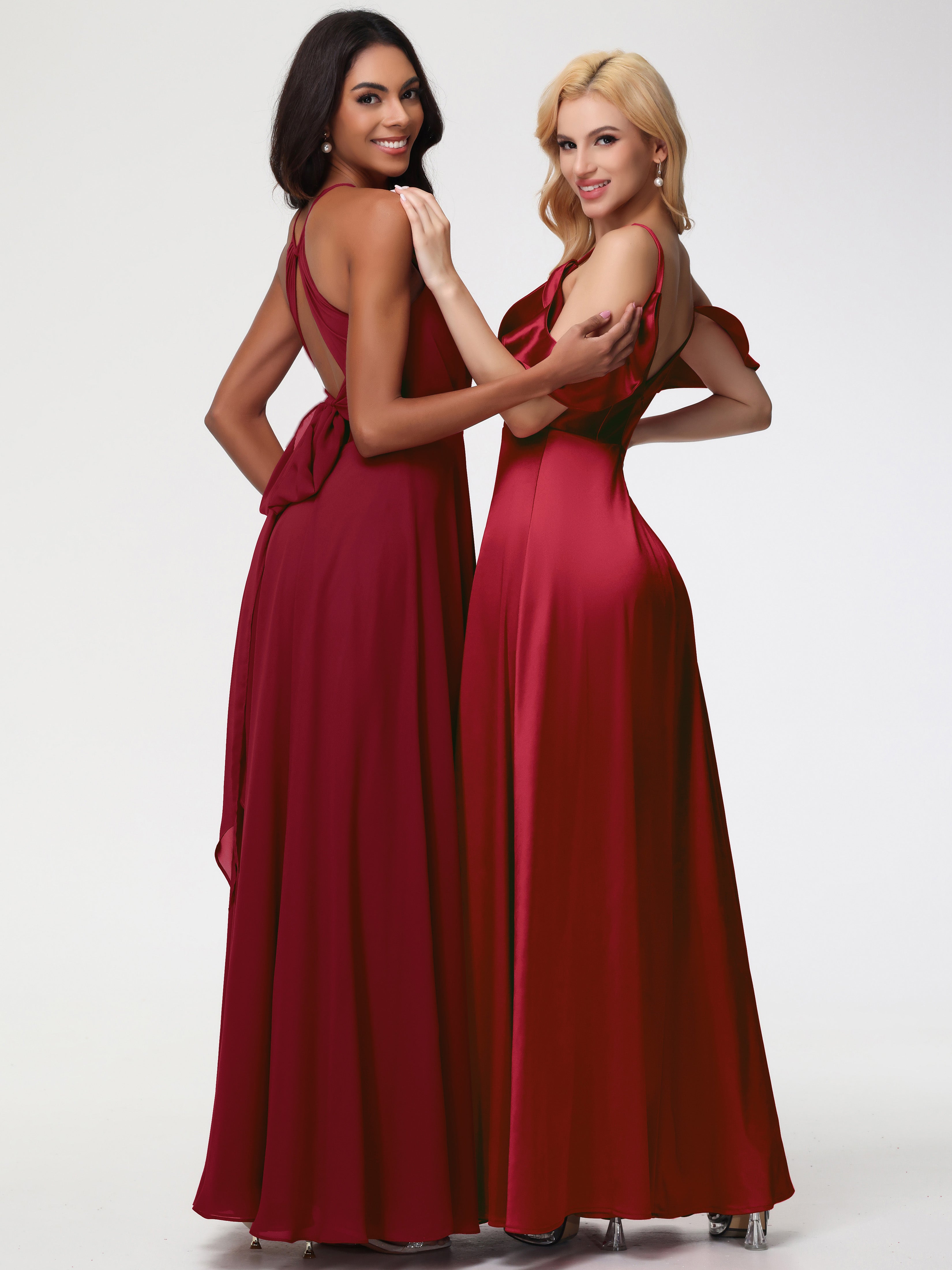 Modestes Robes De Demoiselle D'Honneur Bordeaux épaule Dénudée à Volants Satin Extensible Robe De Demoiselle D'Honneur