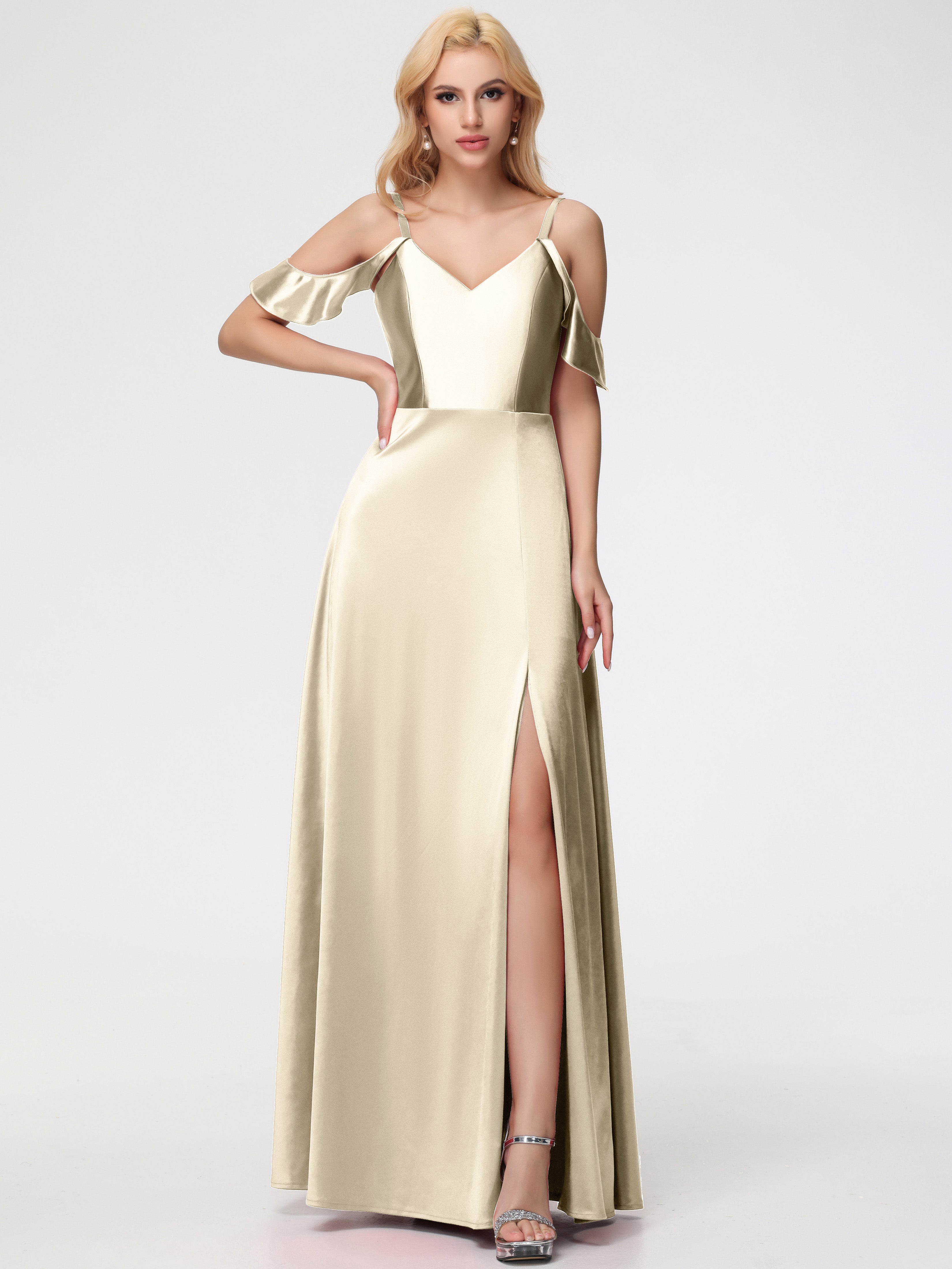 Robes De Demoiselle D'Honneur Champagne Or épaule Dénudée à Volants Satin Extensible Robe De Demoiselle D'Honneur