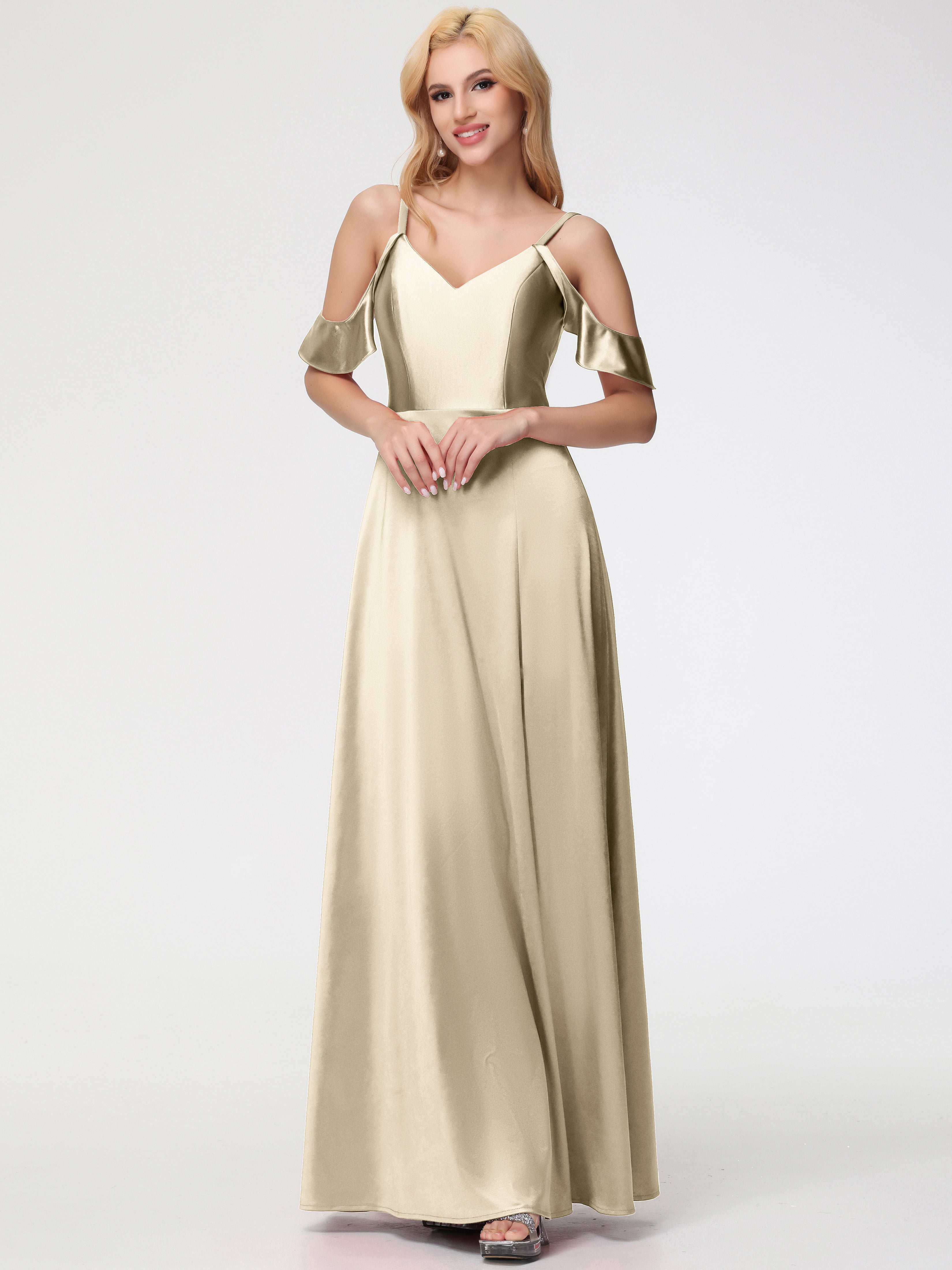 Robes De Demoiselle D'Honneur Champagne Or épaule Dénudée à Volants Satin Extensible Robe De Demoiselle D'Honneur
