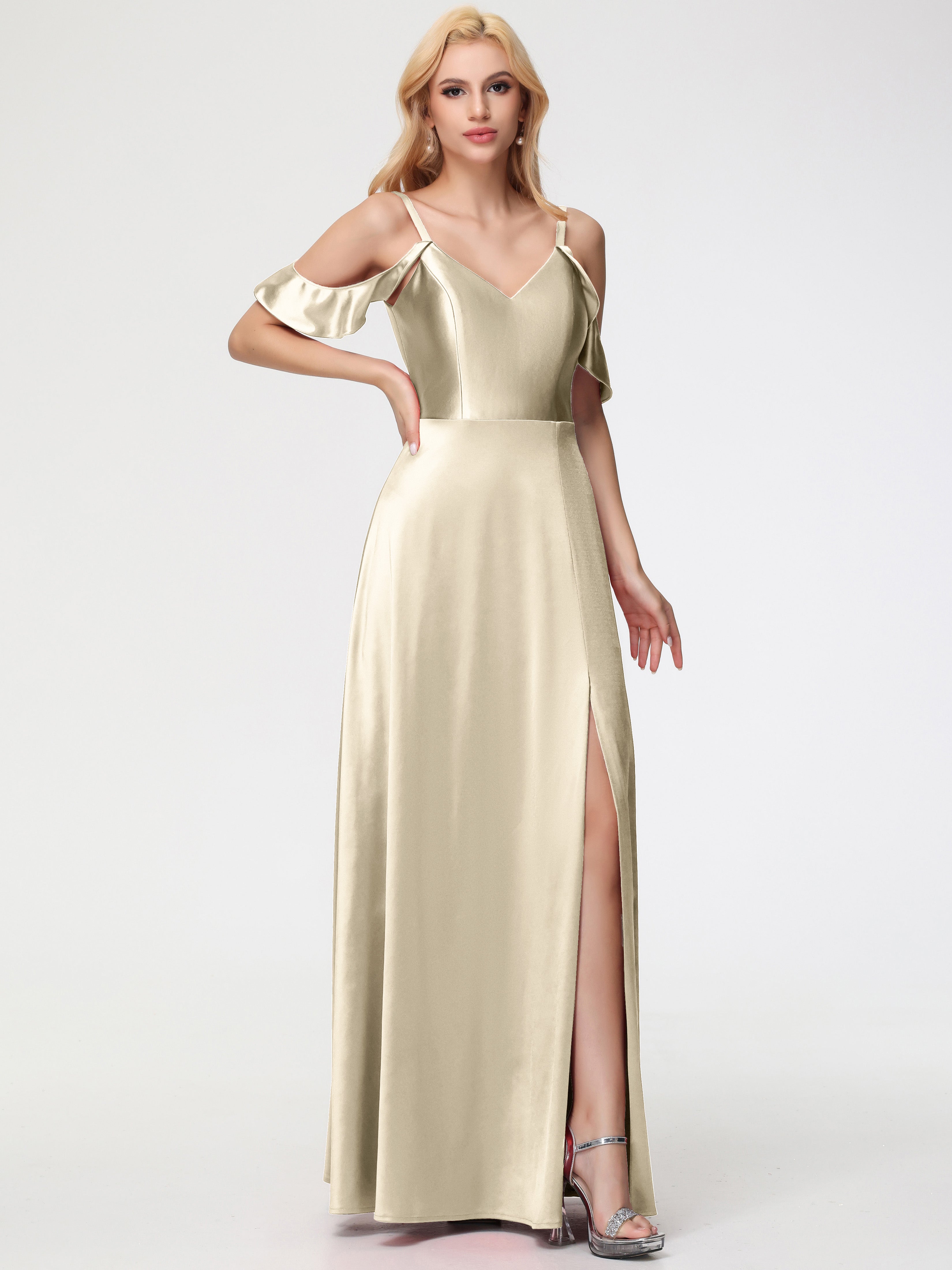 Robes De Demoiselle D'Honneur Champagne Or épaule Dénudée à Volants Satin Extensible Robe De Demoiselle D'Honneur