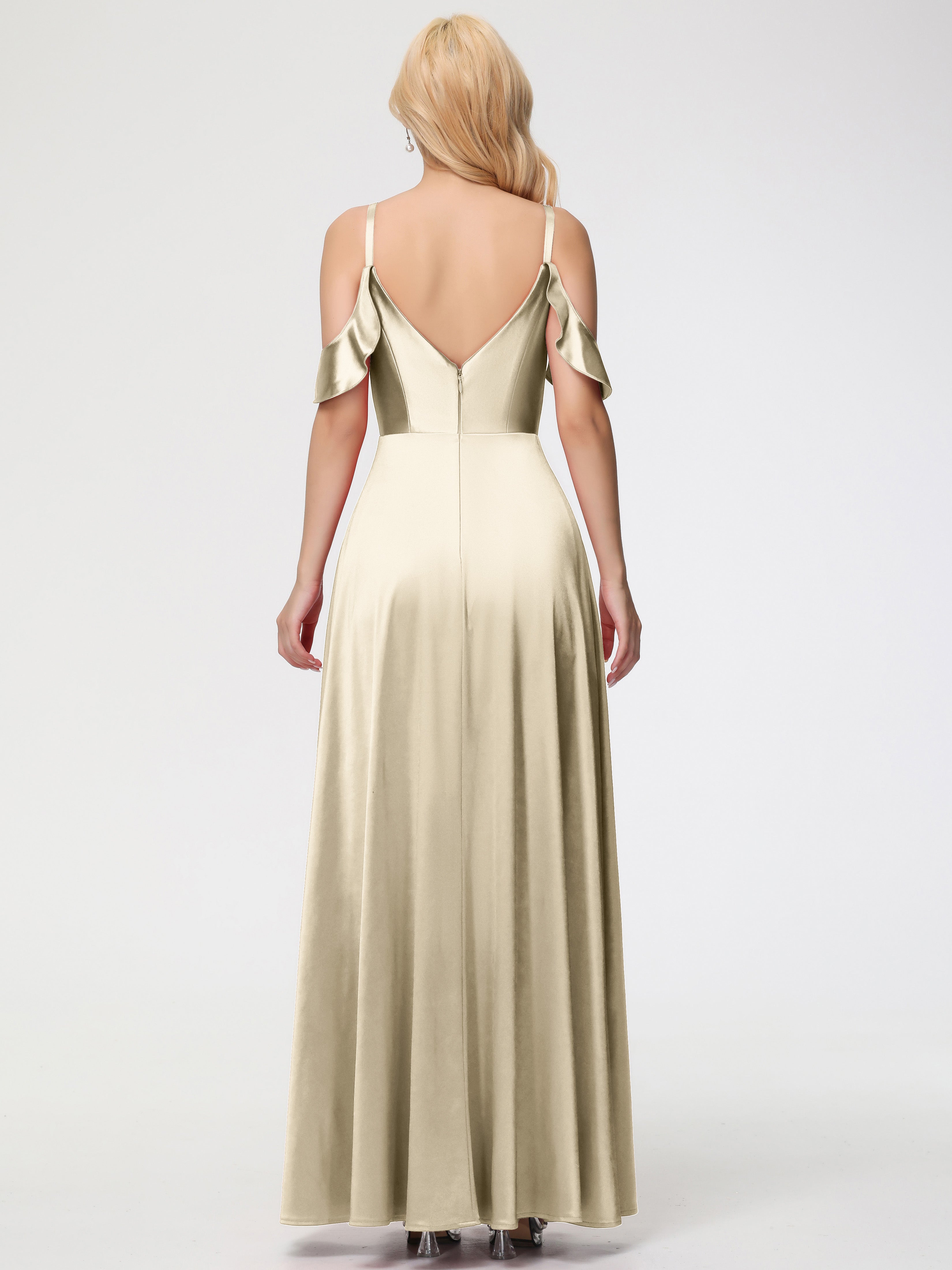 Robes De Demoiselle D'Honneur Champagne Or épaule Dénudée à Volants Satin Extensible Robe De Demoiselle D'Honneur