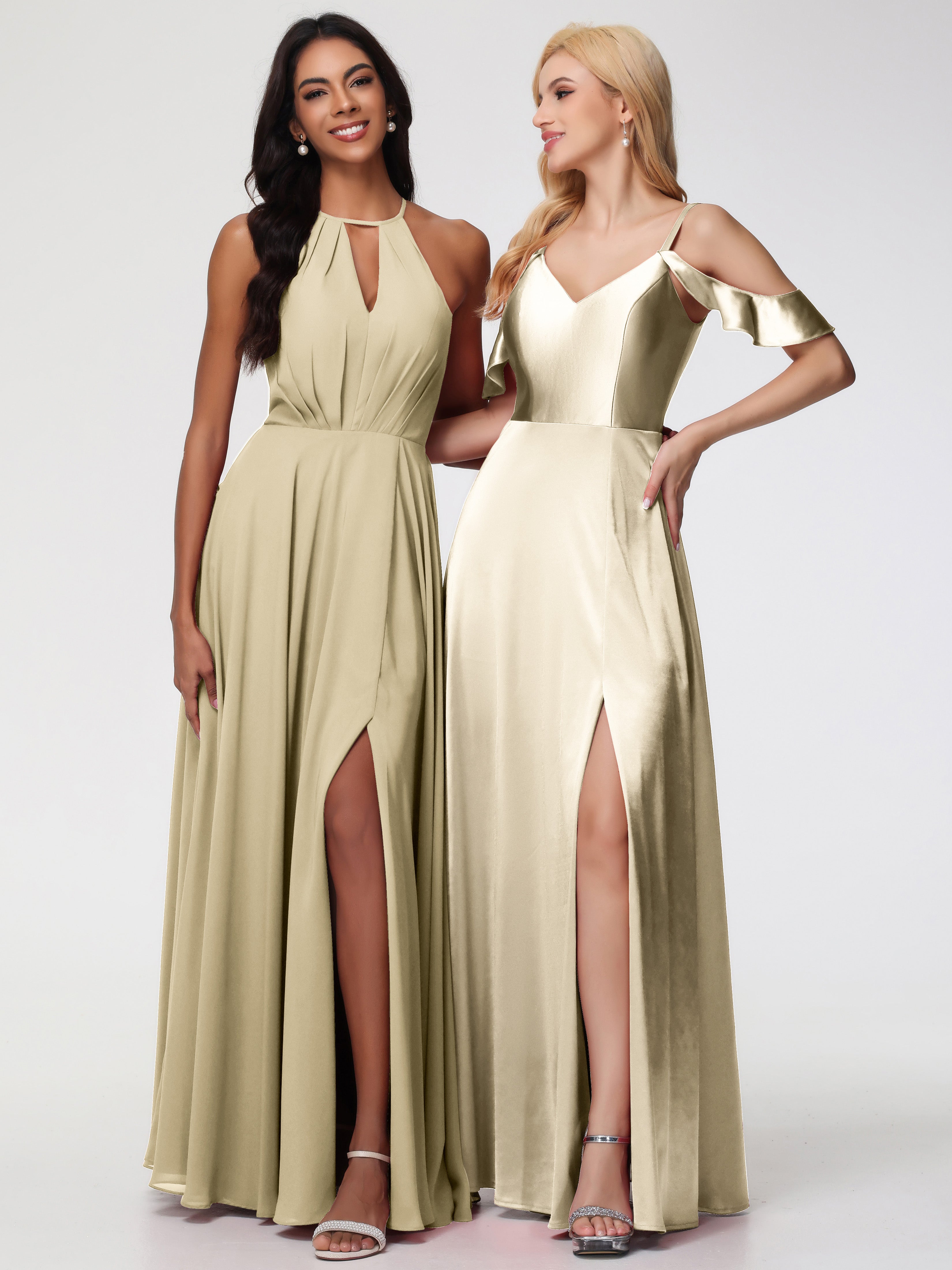 Robes De Demoiselle D'Honneur Champagne Or épaule Dénudée à Volants Satin Extensible Robe De Demoiselle D'Honneur