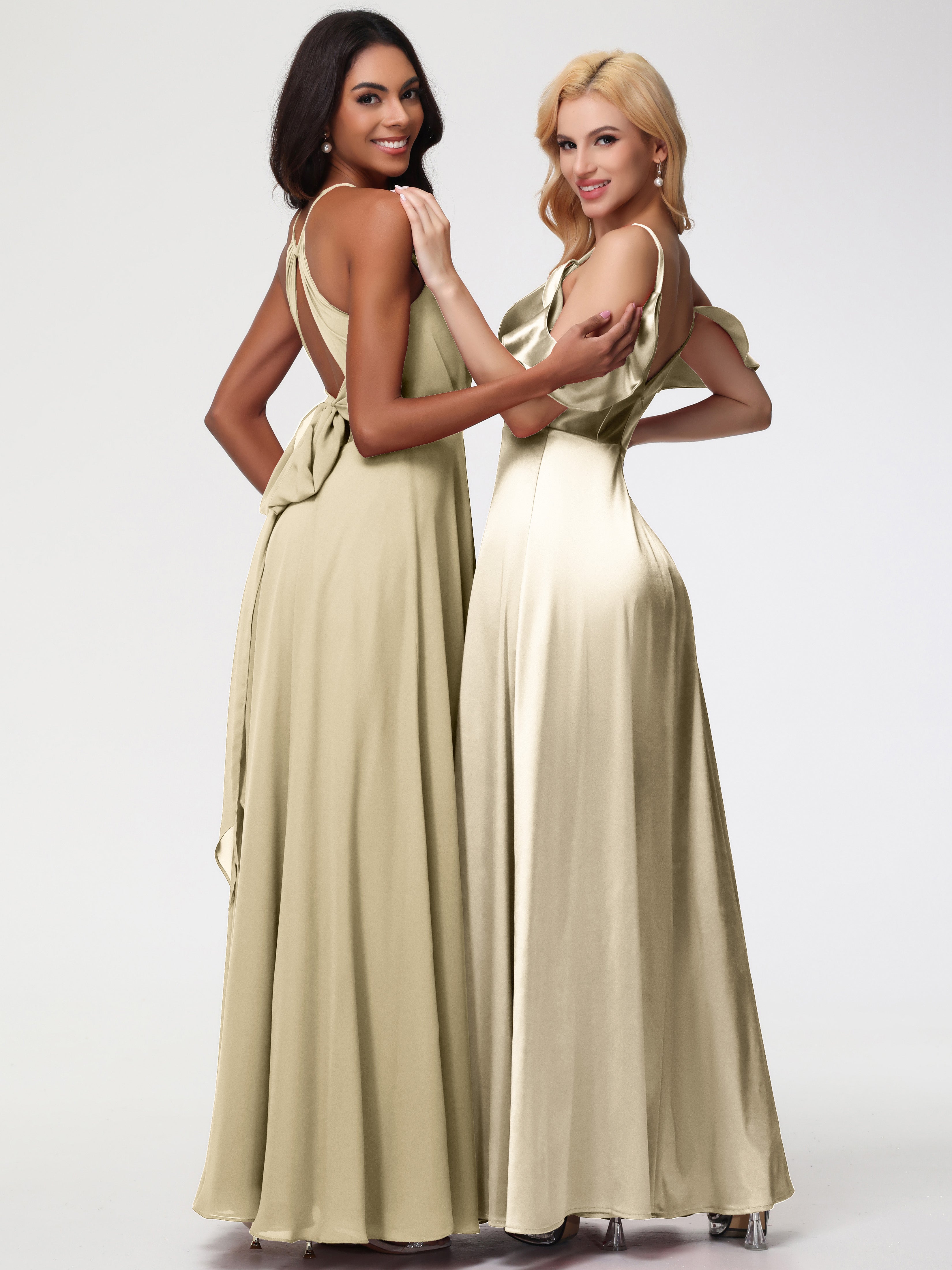 Robes De Demoiselle D'Honneur Champagne Or épaule Dénudée à Volants Satin Extensible Robe De Demoiselle D'Honneur