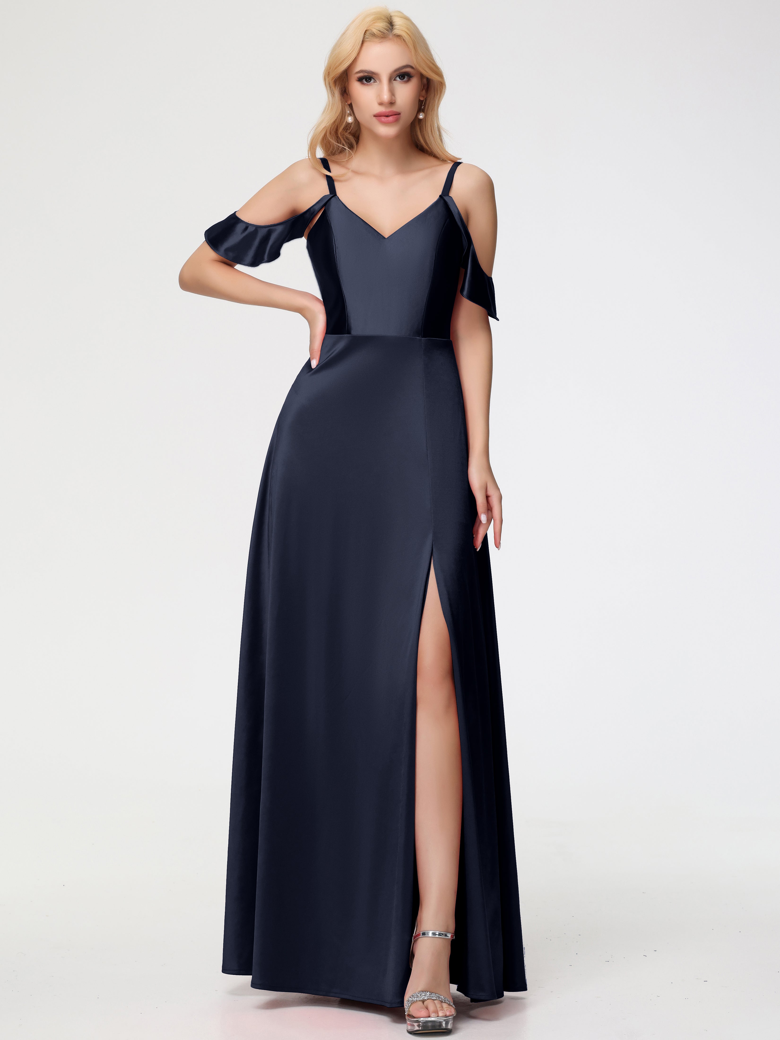 Robes De Demoiselle D'Honneur Bleu Marine épaule Dénudée à Volants Satin Extensible Robe De Demoiselle D'Honneur