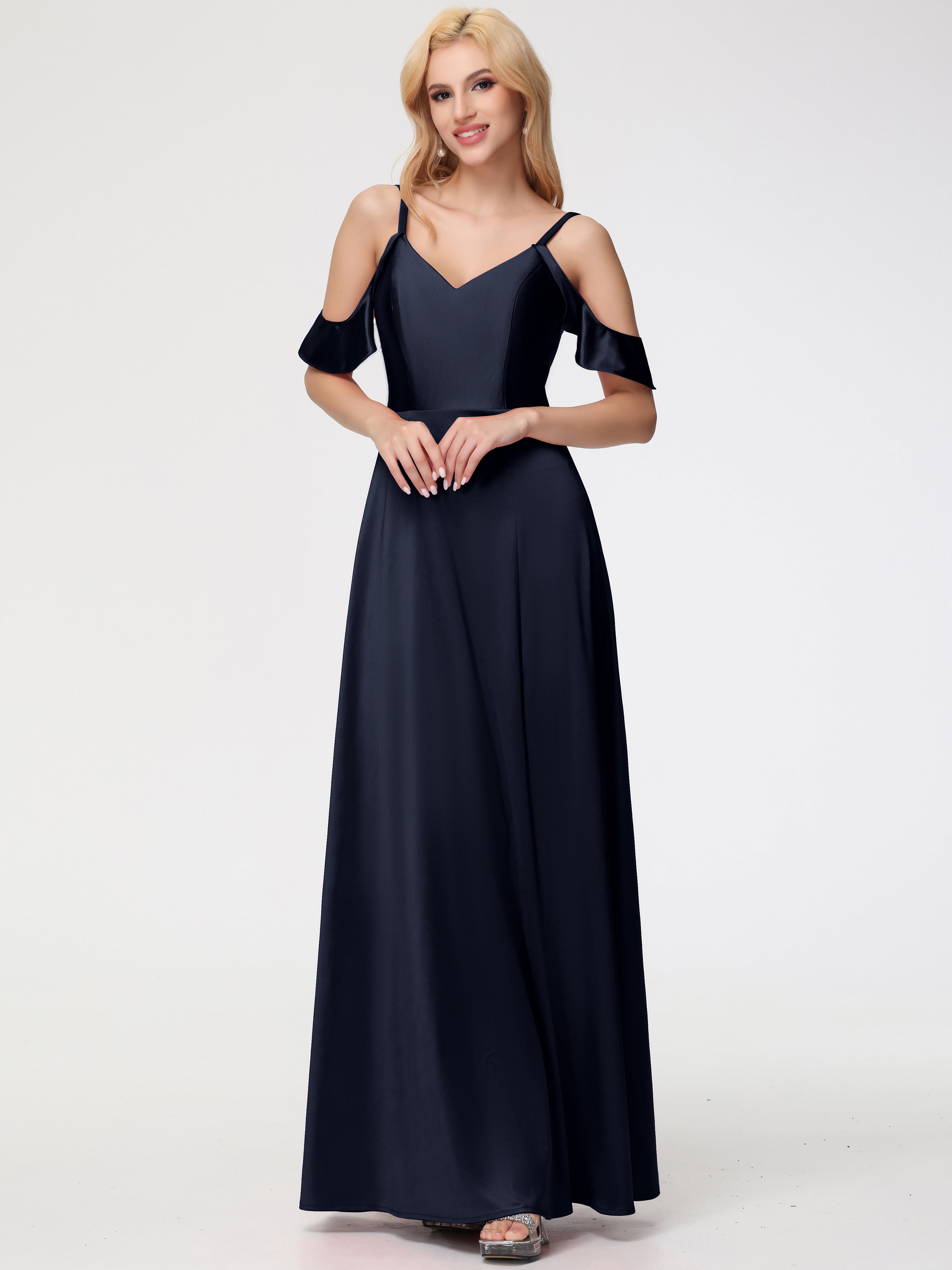 Robes De Demoiselle D'Honneur Bleu Marine épaule Dénudée à Volants Satin Extensible Robe De Demoiselle D'Honneur