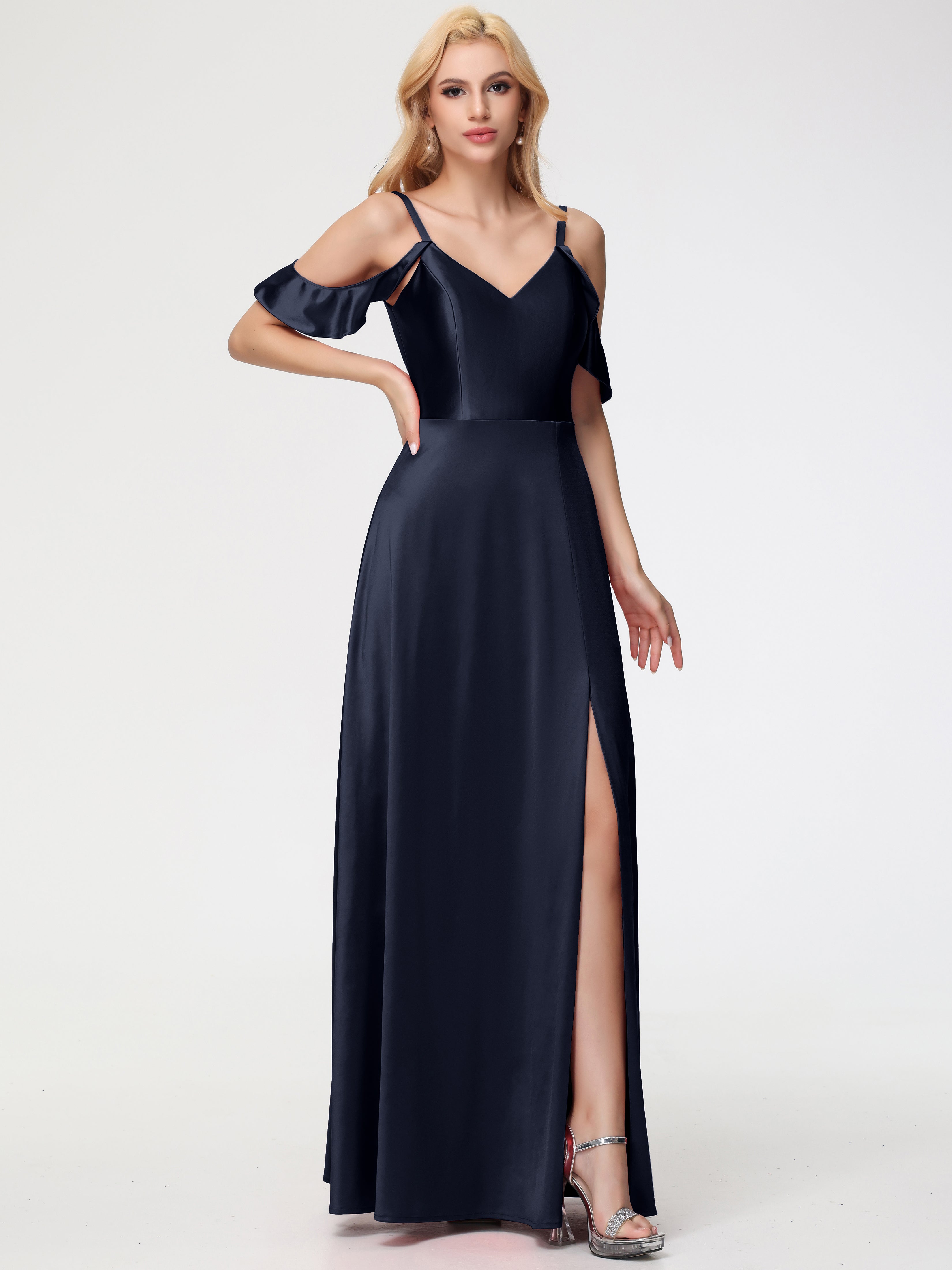 Robes De Demoiselle D'Honneur Bleu Marine épaule Dénudée à Volants Satin Extensible Robe De Demoiselle D'Honneur