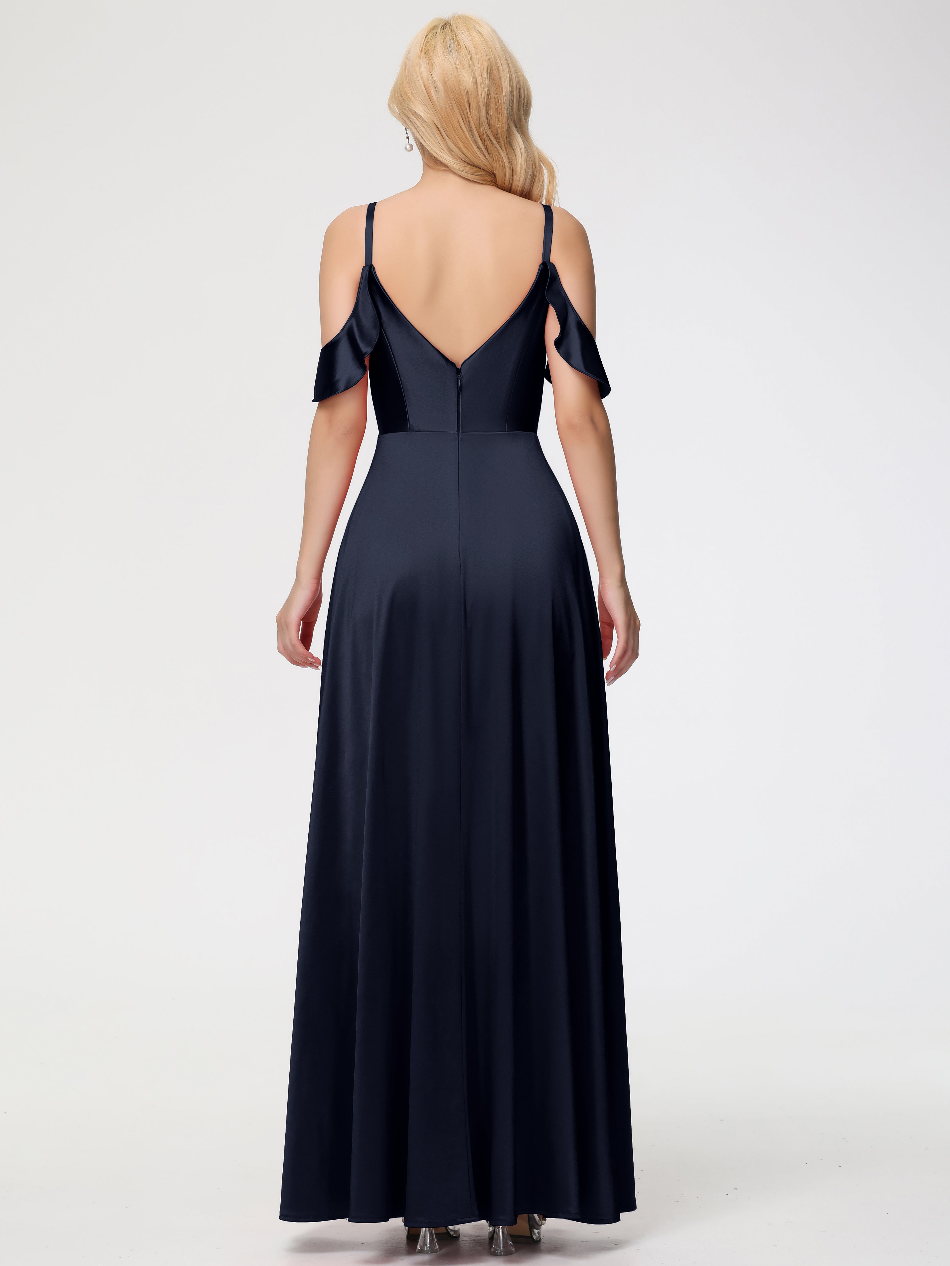 Robes De Demoiselle D'Honneur Bleu Marine épaule Dénudée à Volants Satin Extensible Robe De Demoiselle D'Honneur