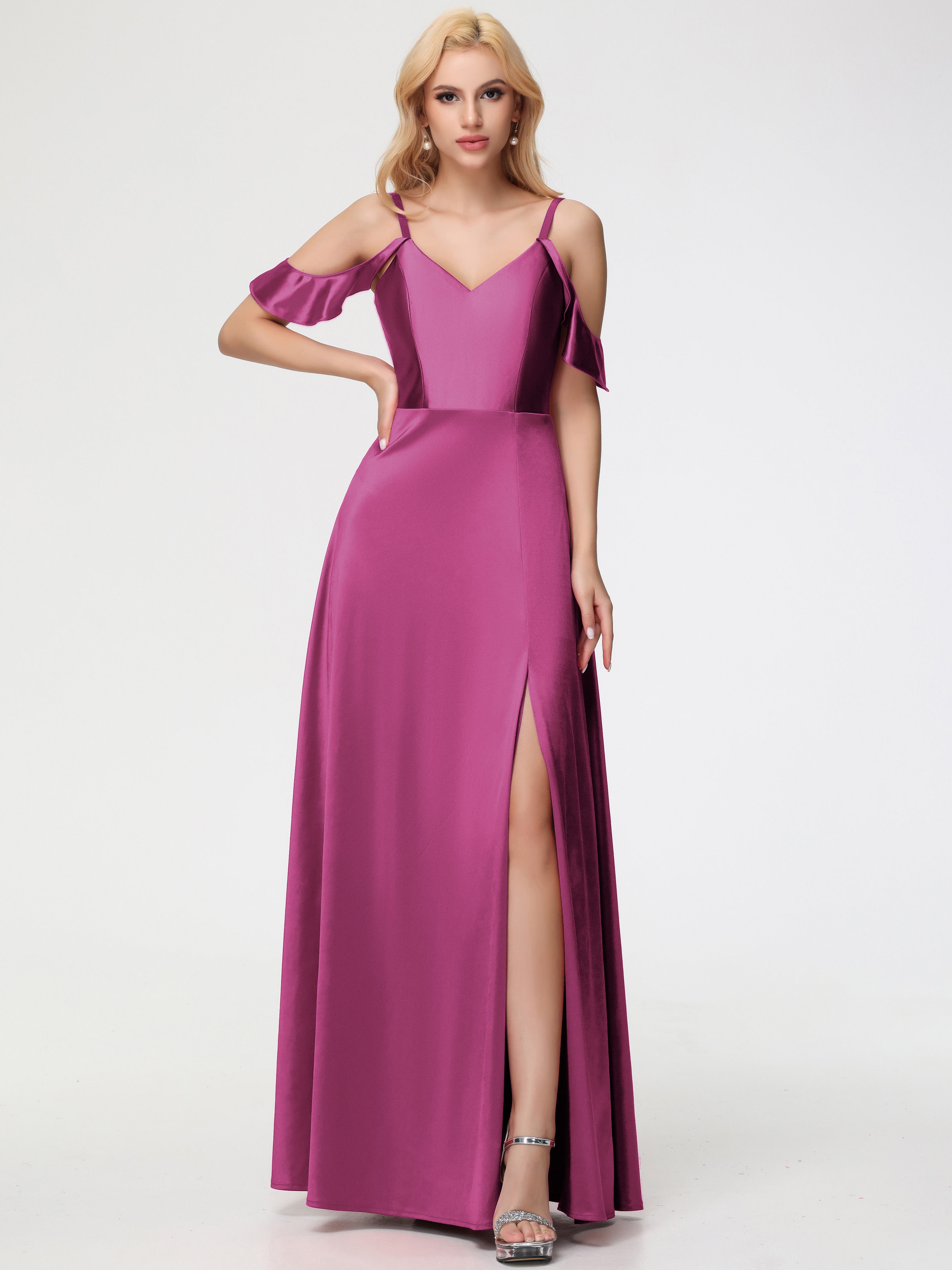 Robes De Demoiselle D'Honneur Rose Fuchsia Couleur épaule Dénudée à Volants Satin Extensible Robe De Demoiselle D'Honneur
