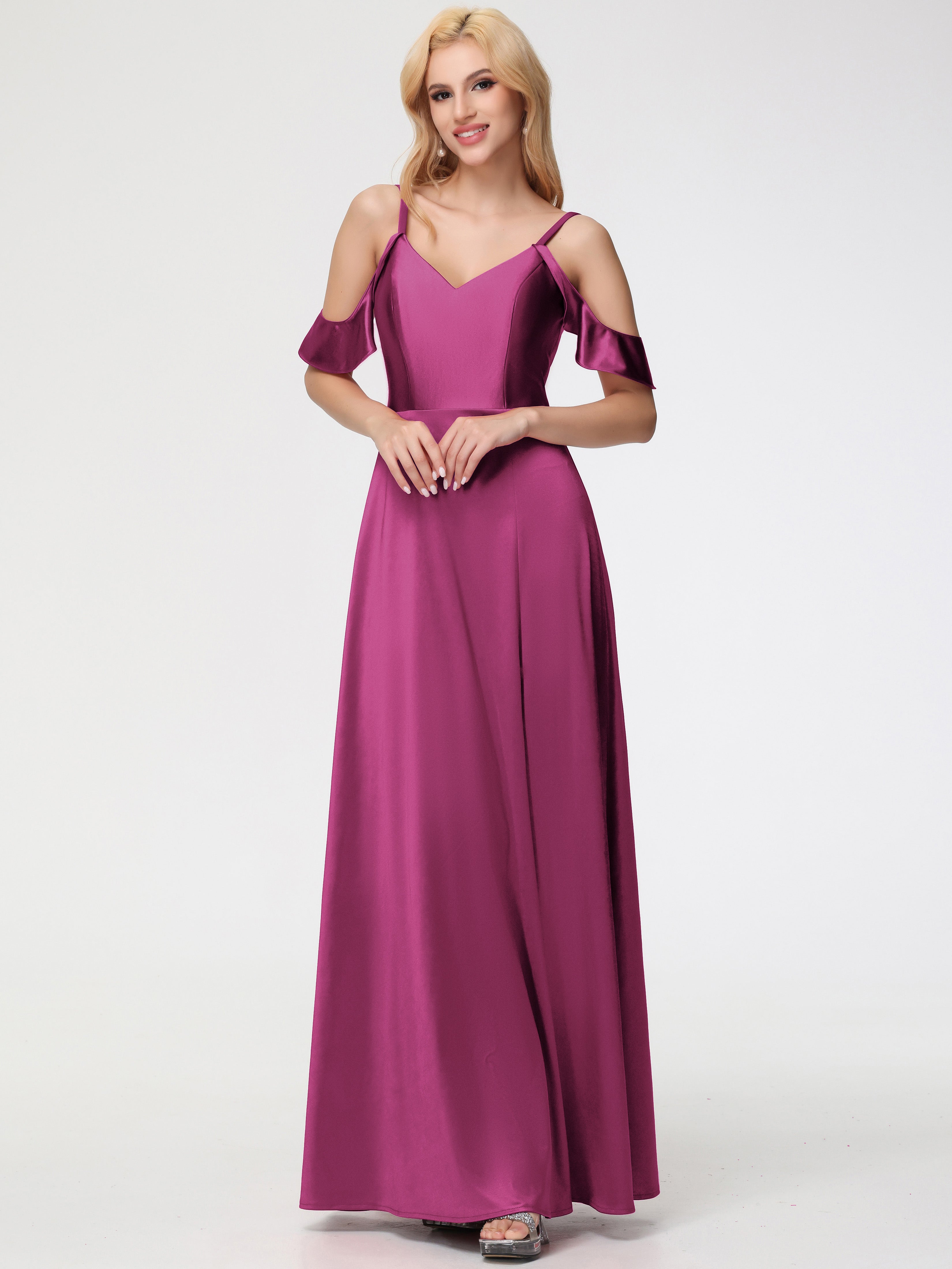 Robes De Demoiselle D'Honneur Rose Fuchsia Couleur épaule Dénudée à Volants Satin Extensible Robe De Demoiselle D'Honneur