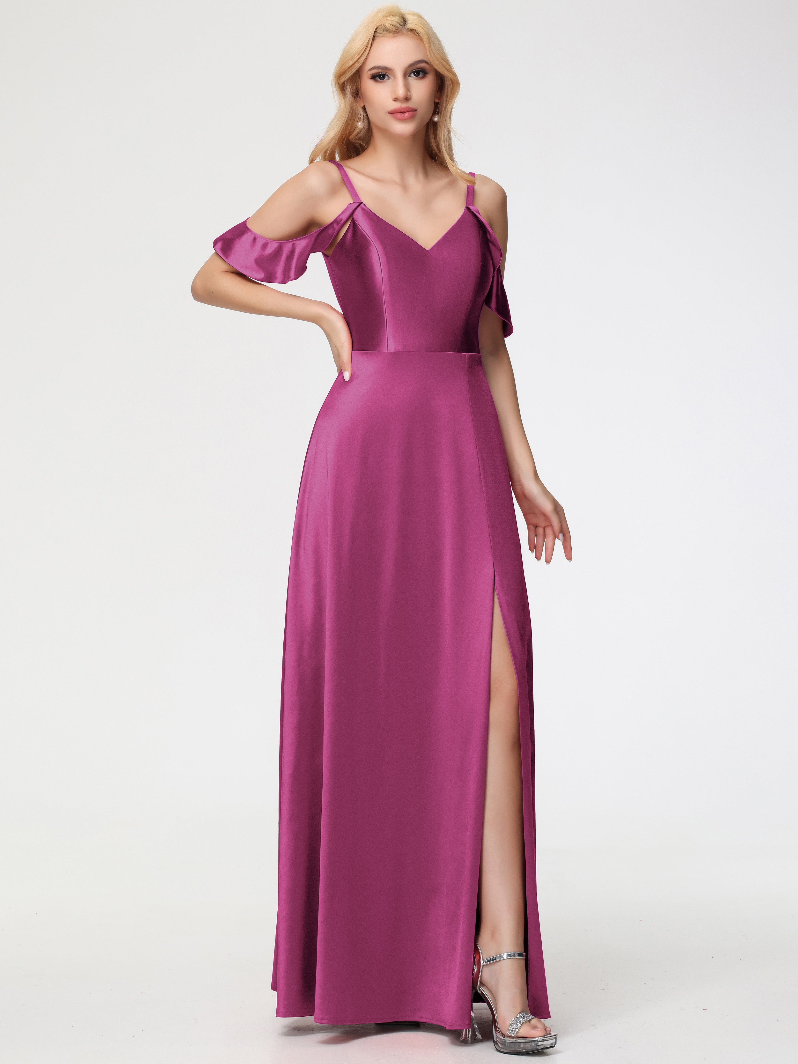 Robes De Demoiselle D'Honneur Rose Fuchsia Couleur épaule Dénudée à Volants Satin Extensible Robe De Demoiselle D'Honneur