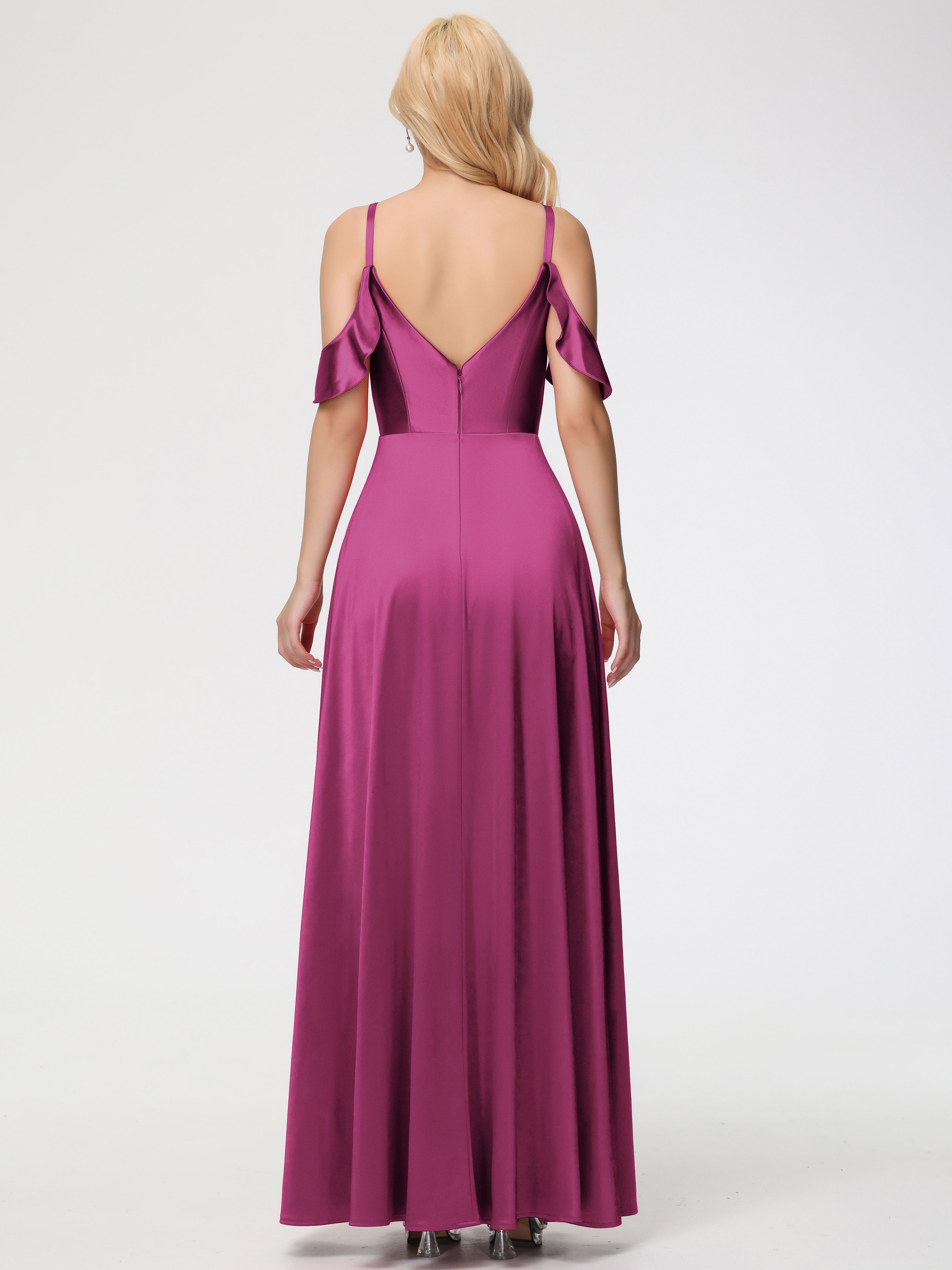 Robes De Demoiselle D'Honneur Rose Fuchsia Couleur épaule Dénudée à Volants Satin Extensible Robe De Demoiselle D'Honneur