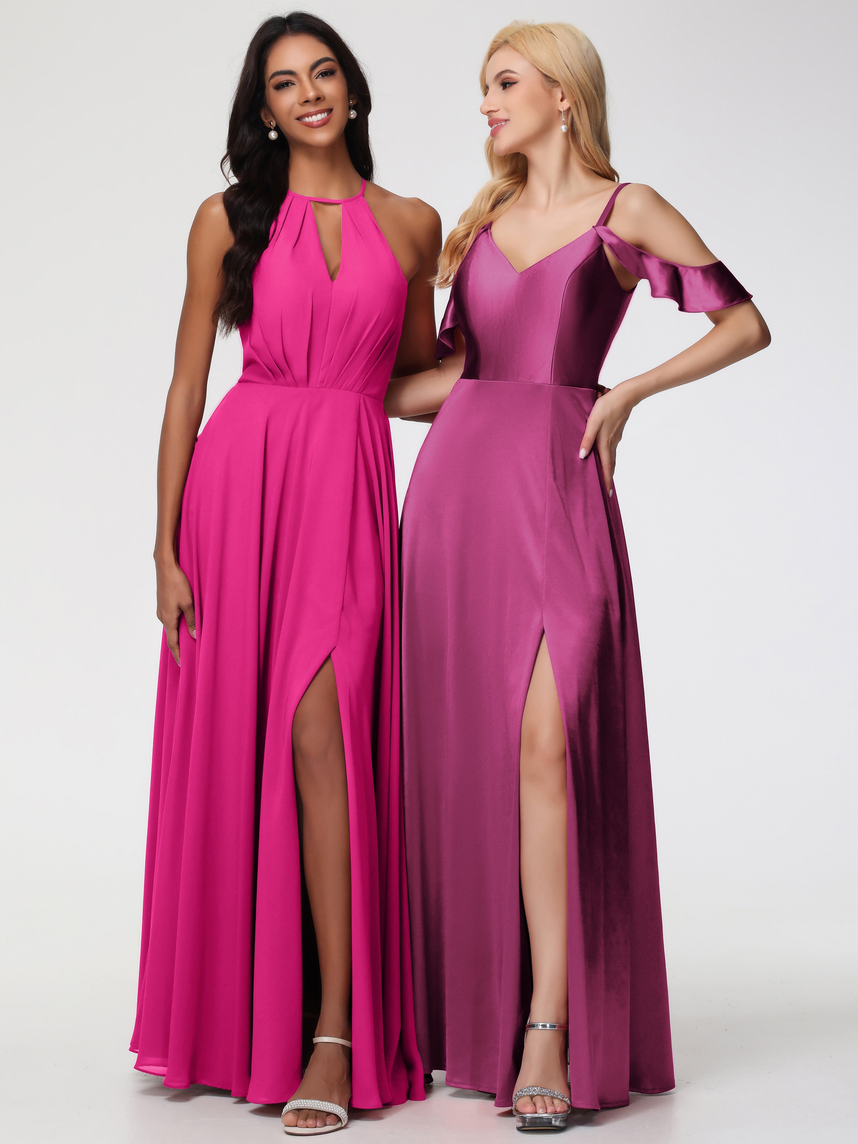Robes De Demoiselle D'Honneur Rose Fuchsia Couleur épaule Dénudée à Volants Satin Extensible Robe De Demoiselle D'Honneur