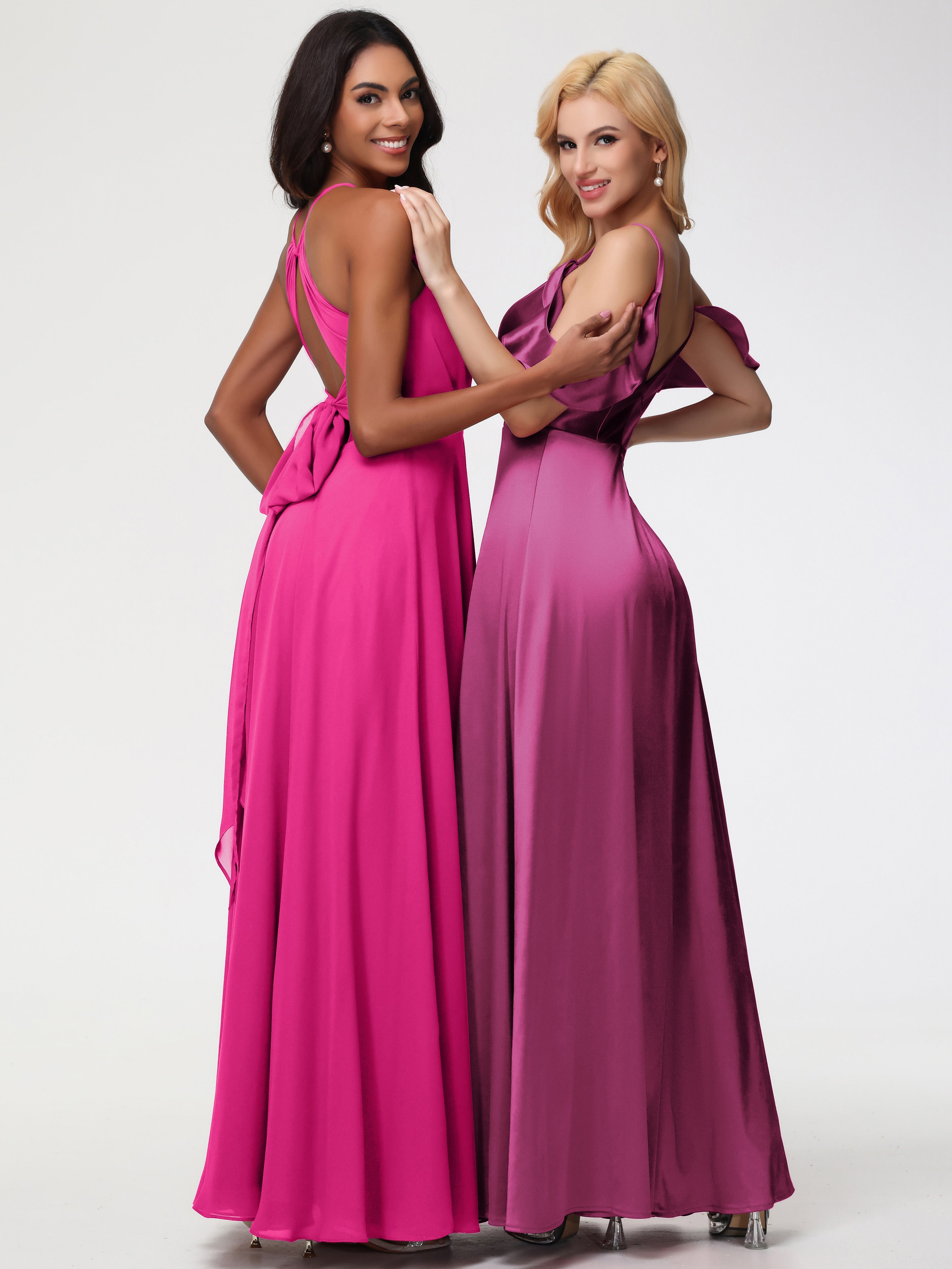 Robes De Demoiselle D'Honneur Rose Fuchsia Couleur épaule Dénudée à Volants Satin Extensible Robe De Demoiselle D'Honneur