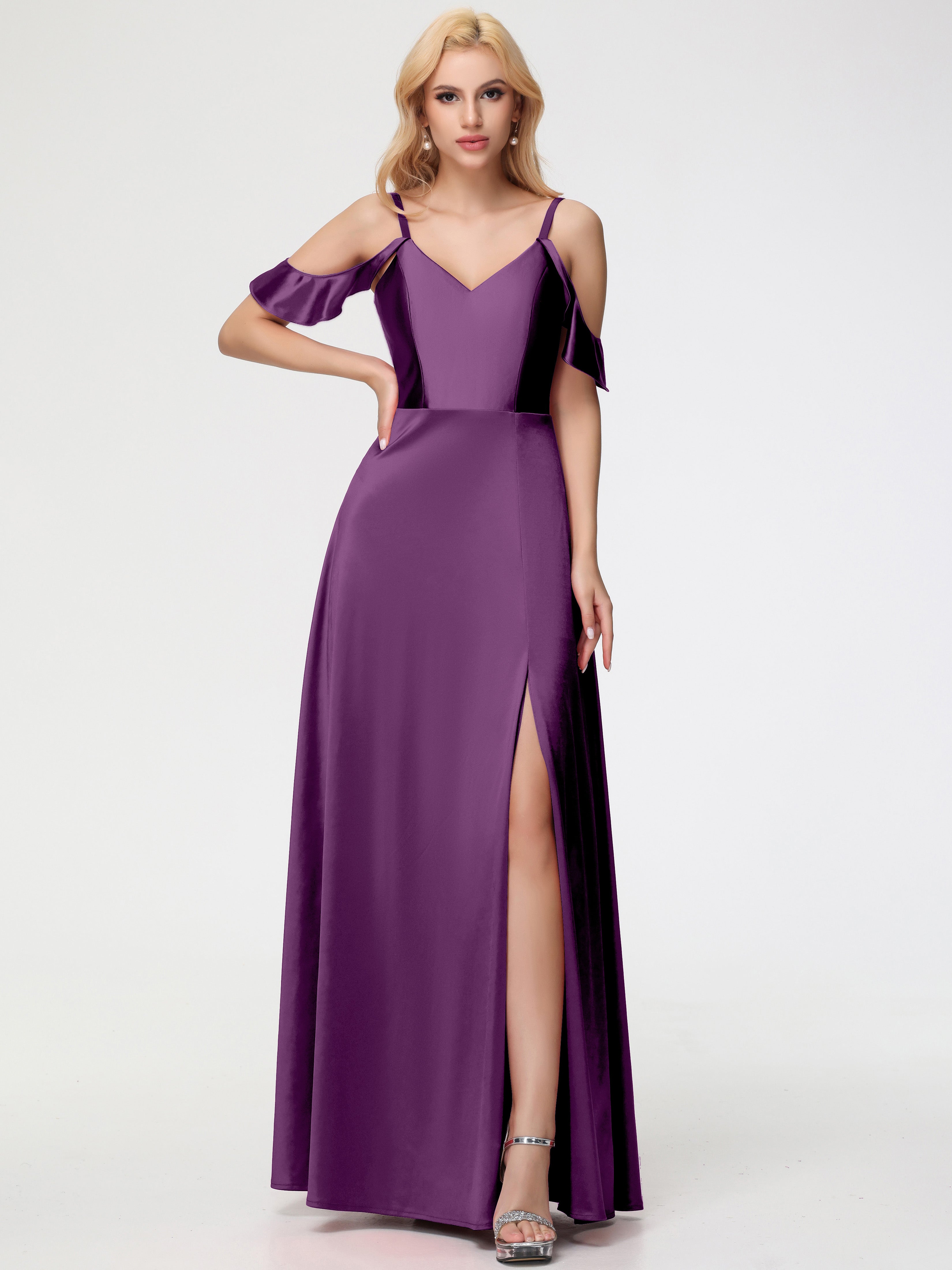 Robes De Demoiselle D'Honneur En Raisin épaule Dénudée à Volants Satin Extensible Robe De Demoiselle D'Honneur