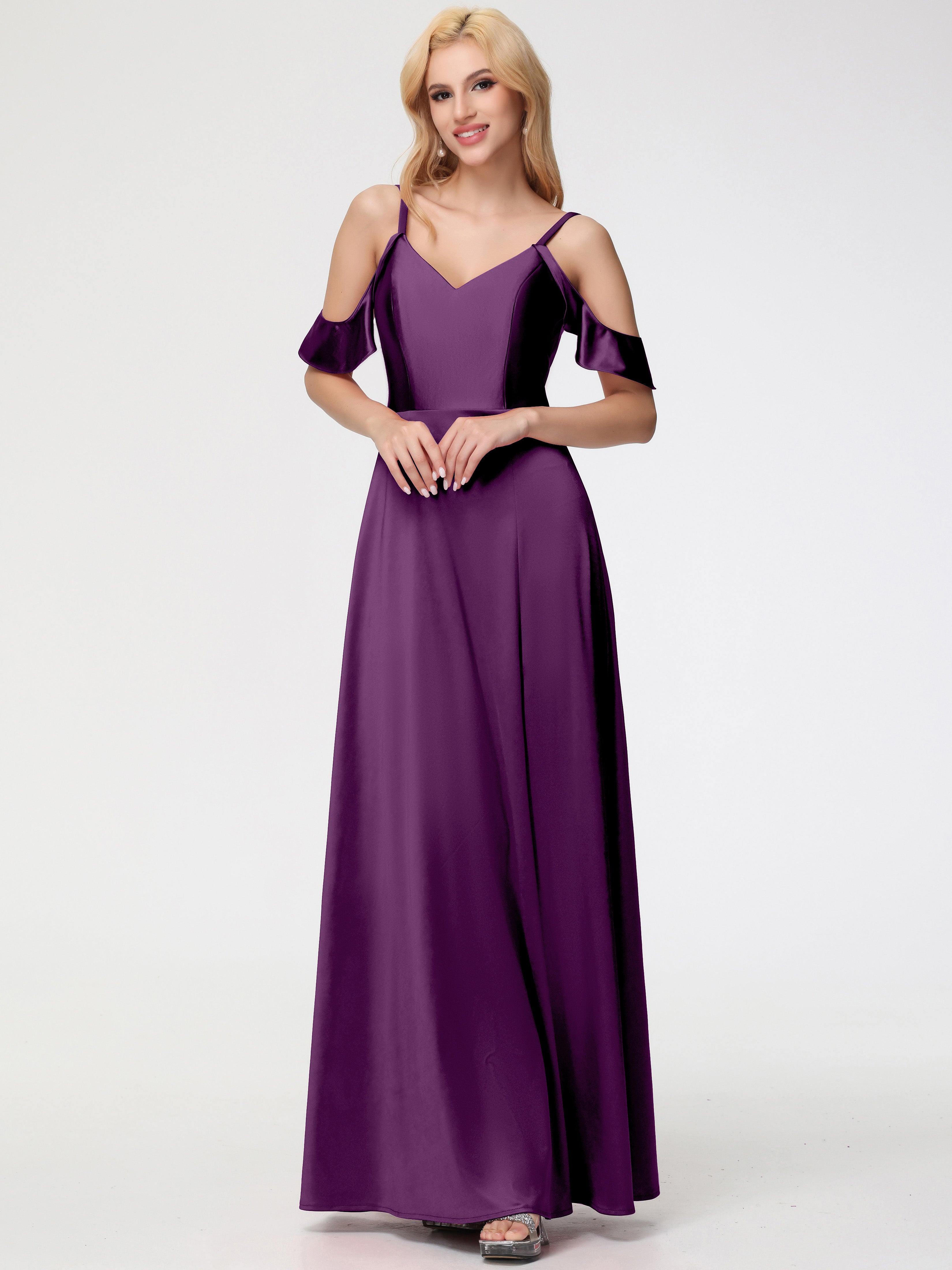 Robes De Demoiselle D'Honneur En Raisin épaule Dénudée à Volants Satin Extensible Robe De Demoiselle D'Honneur