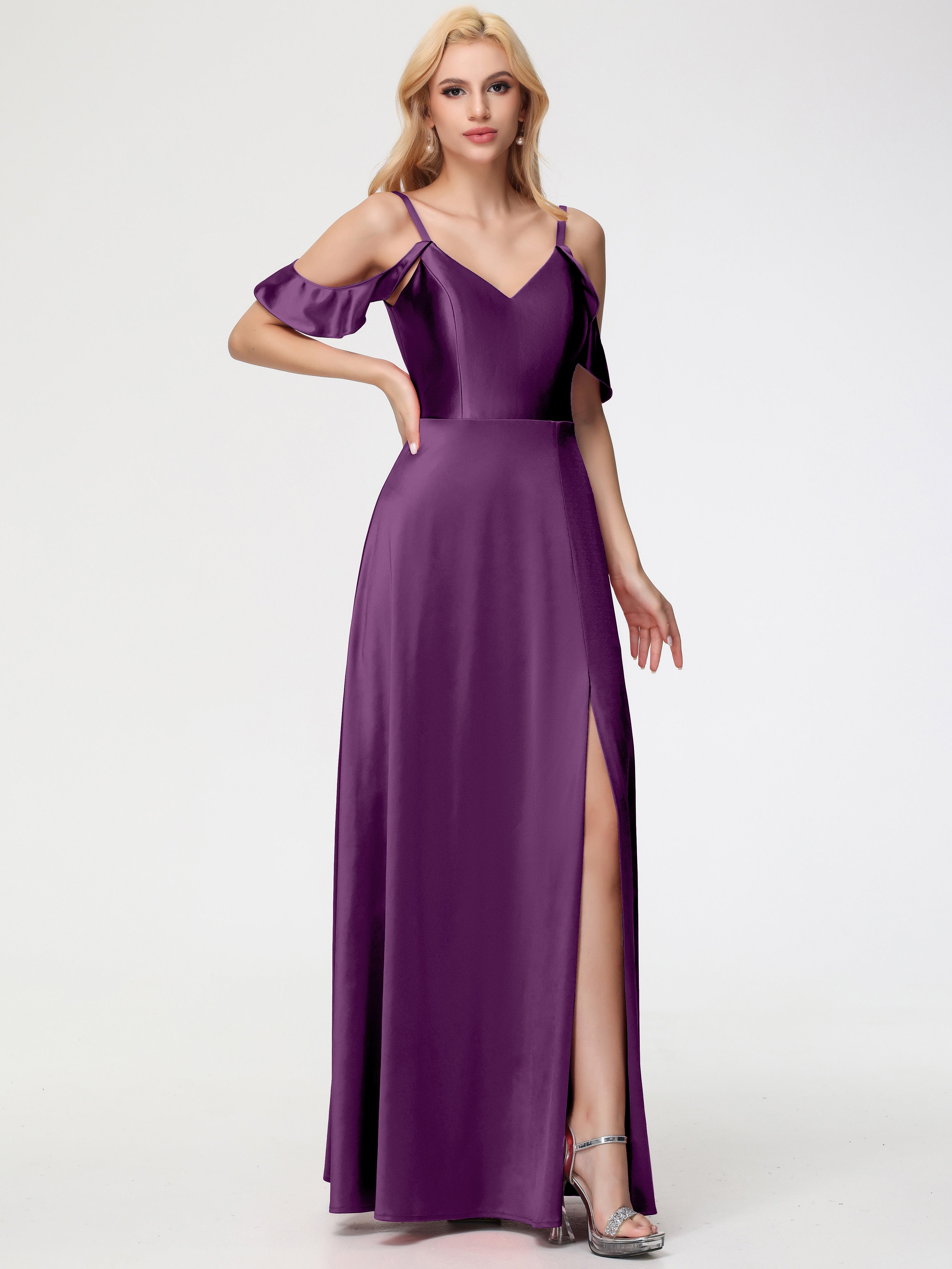 Robes De Demoiselle D'Honneur En Raisin épaule Dénudée à Volants Satin Extensible Robe De Demoiselle D'Honneur