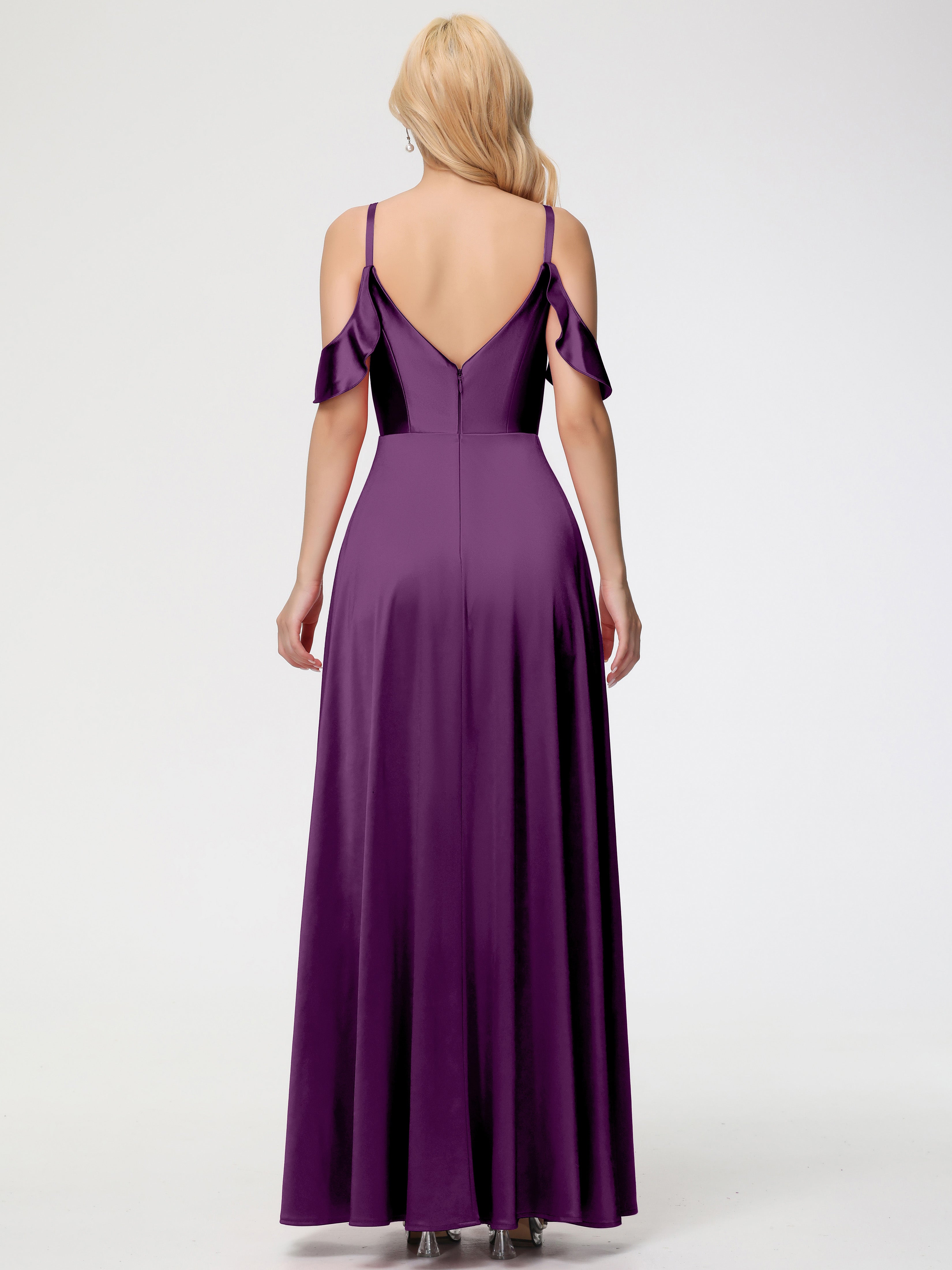 Robes De Demoiselle D'Honneur En Raisin épaule Dénudée à Volants Satin Extensible Robe De Demoiselle D'Honneur