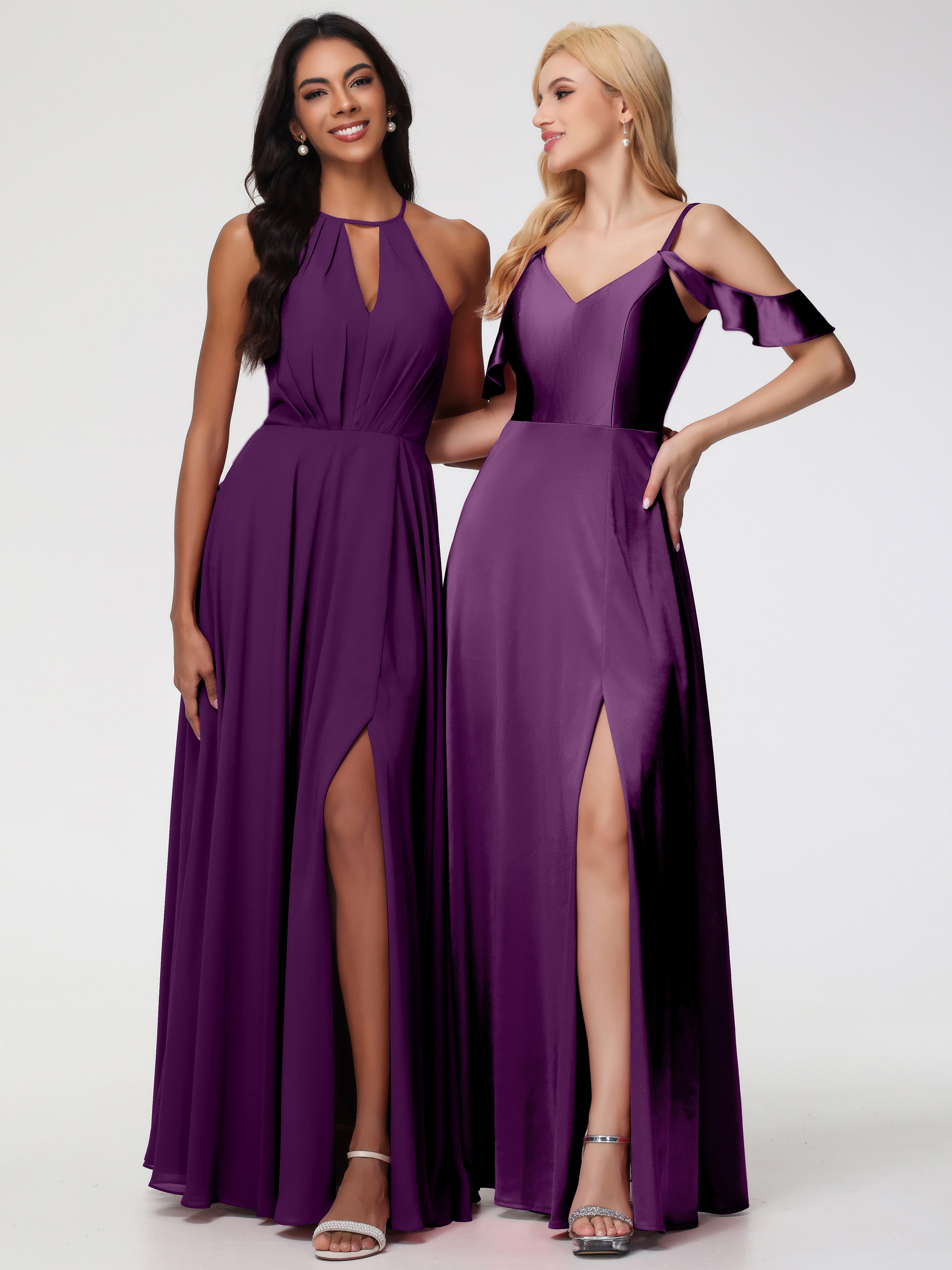 Robes De Demoiselle D'Honneur En Raisin épaule Dénudée à Volants Satin Extensible Robe De Demoiselle D'Honneur