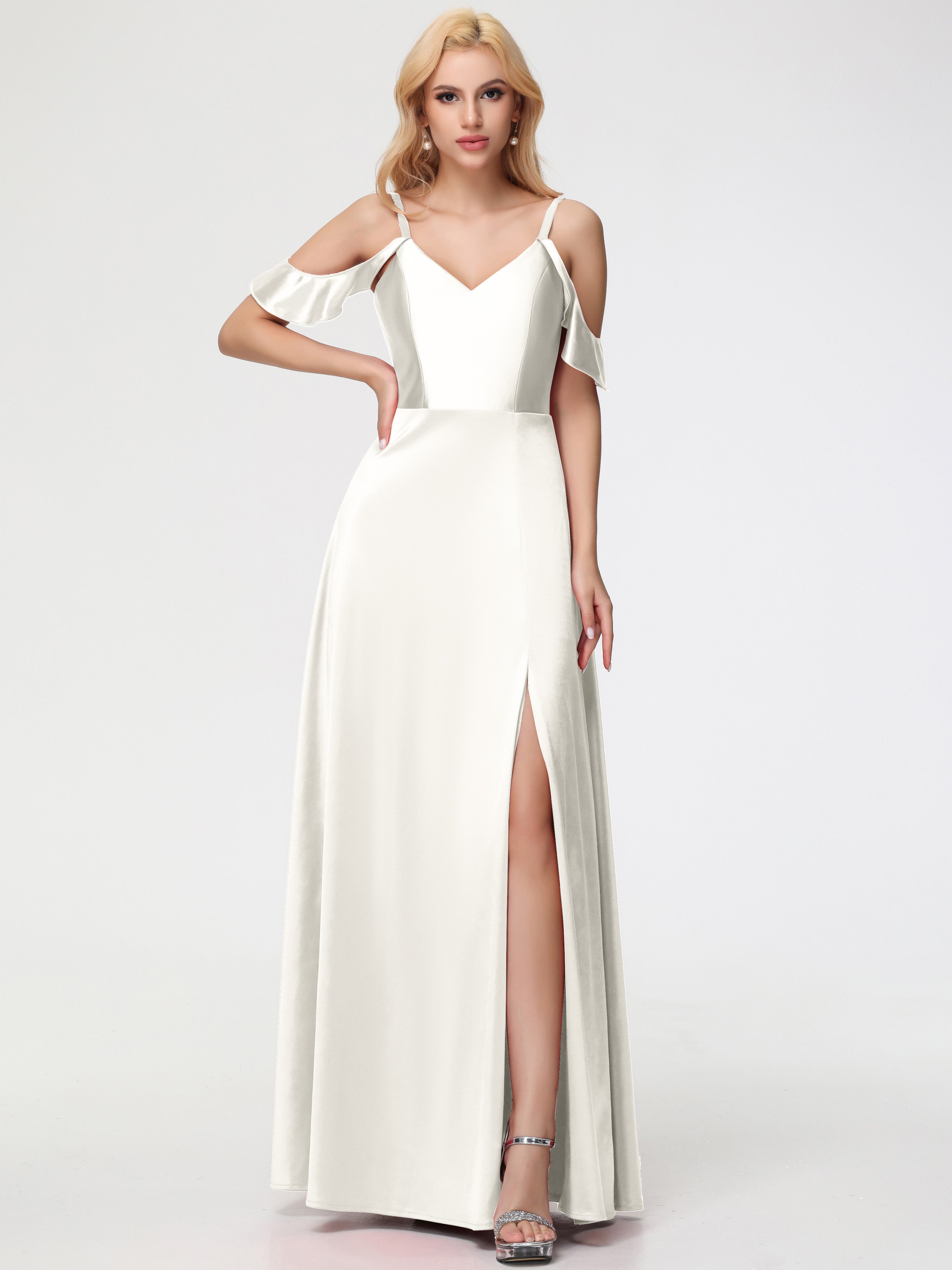 Robes De Demoiselle D'Honneur Ivoire épaule Dénudée à Volants Satin Extensible Robe De Demoiselle D'Honneur